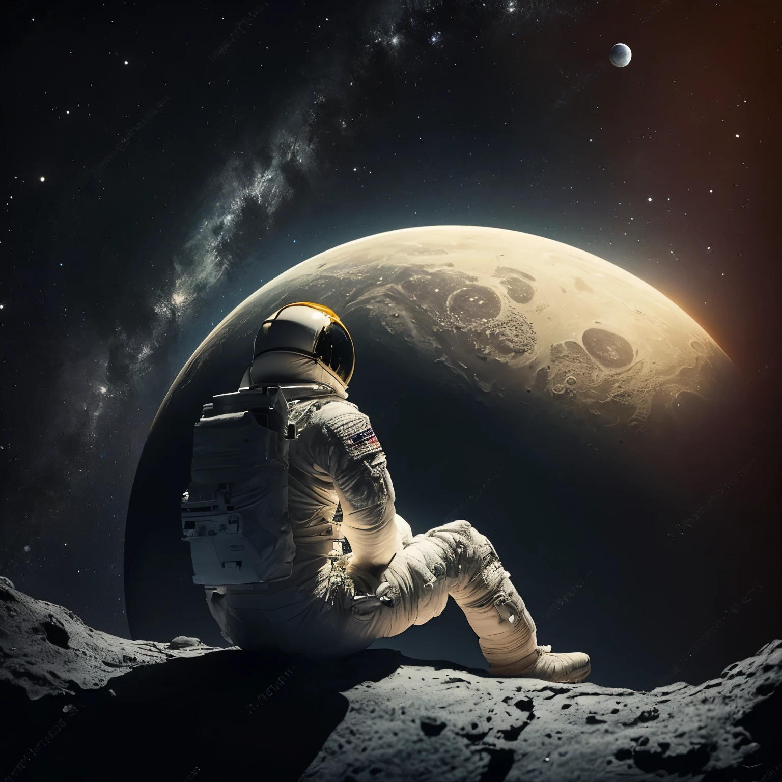astronaut sitting na Lua looking at the earth, sentado na lua, lonely astronaut, astronaut na Lua, na Lua, an astronaut relaxing in space, astronauta preso no planeta, looking out into space, astronaut lost in liminal space, powerful woman sitting in space, space, na Lua, space photography, space travel, Na lua, astronaut in space