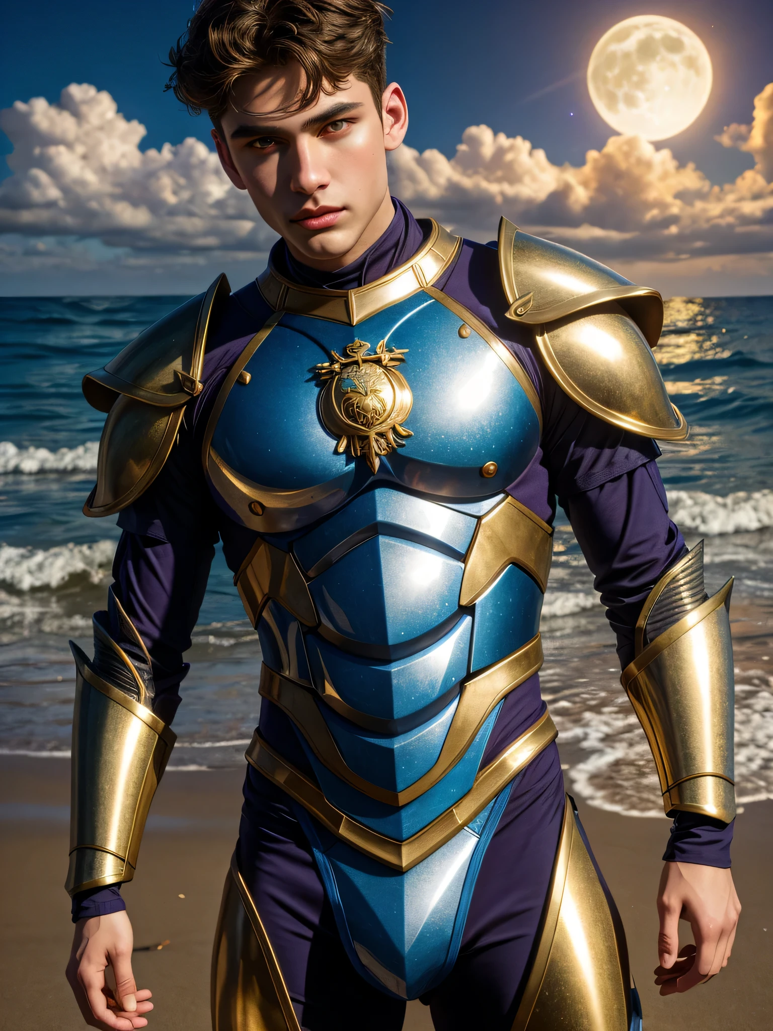 (photorealistic, masterpiece, detailed face, best quality, highres, 4k), Fantasy art style, imagine the astrological sign of Cancer the nurturing crab as portrayed by a gentle and sensitive young male model with a mysterious air. He emerges from a moonlit beach wearing skimpy shimmering silver-blue armor symbolizing his protective instincts and connection to the ocean, sexy armor, slim physique, twink