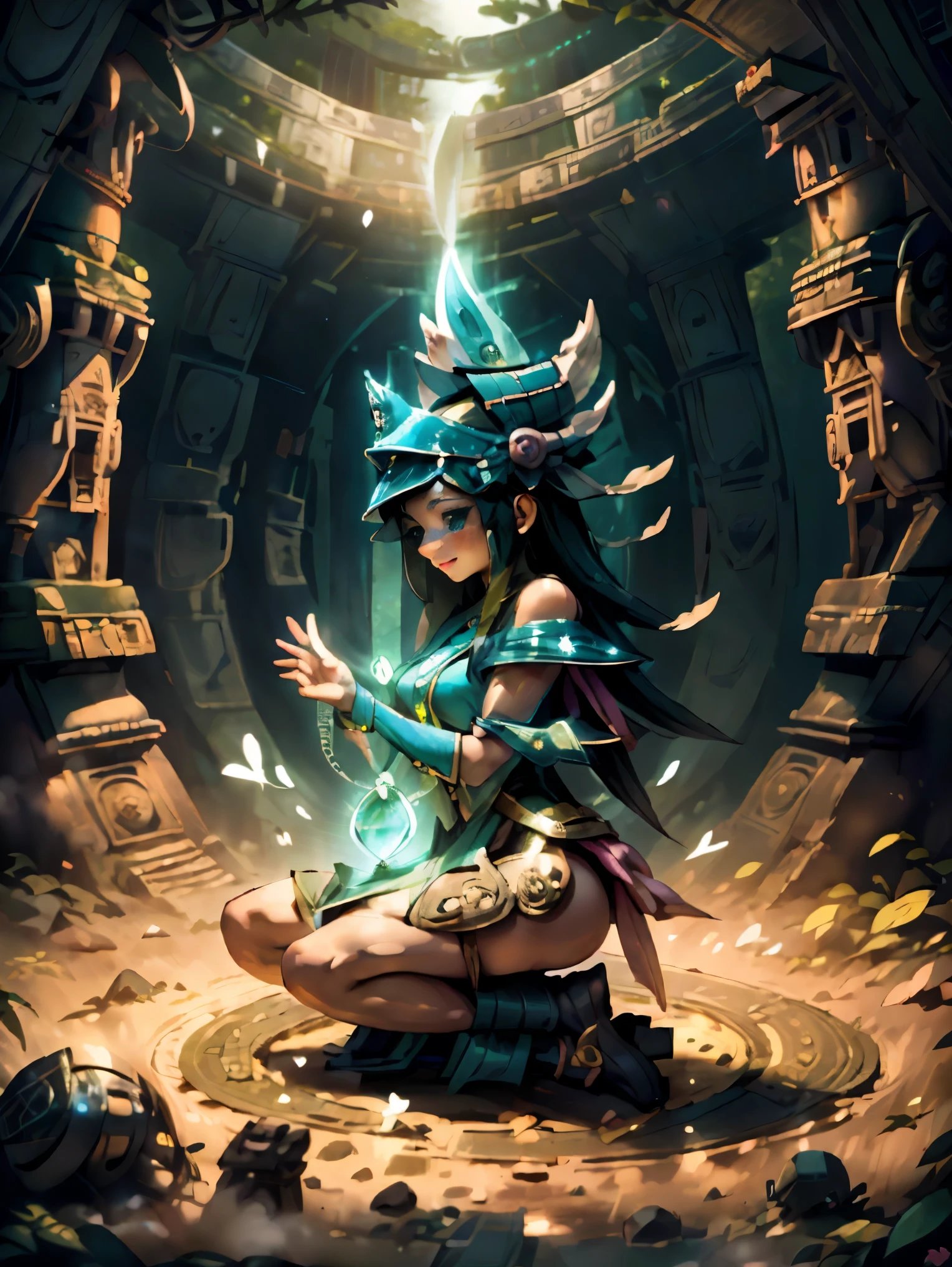 Dark magician gils vestida con traje maya, ella esta parada, Magic hearts background. Sonrisa en sus labios. Ojos celestes. Cabello rubio. Pose sensual. Levitando en una pie. Background of Mayan ruins and a magical stone portal
