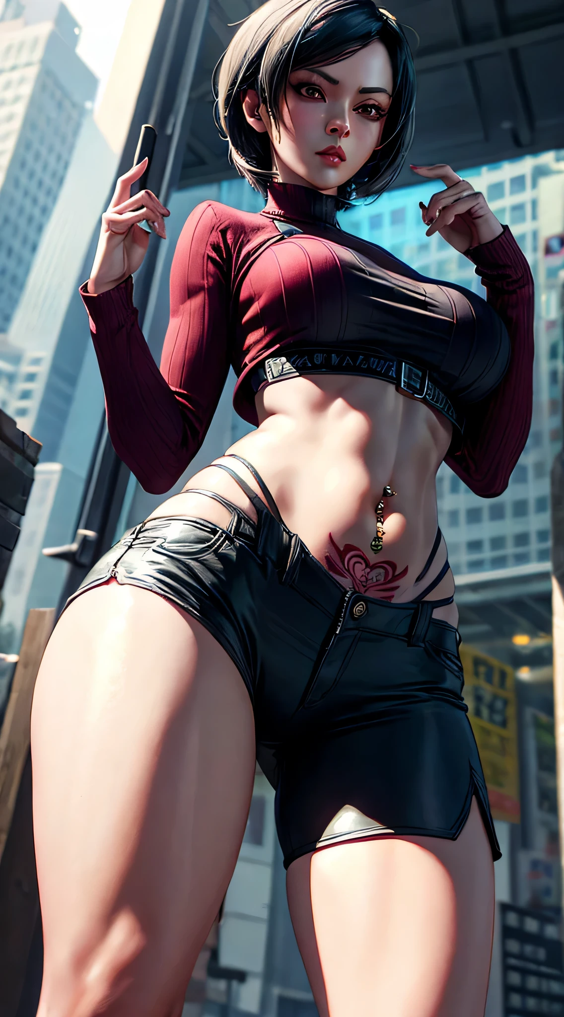 Ada Wong wearing a sexy suit with exposed belly, ultra shorts, detailed navel piercing, womb tattoo, high res, ultra HD, black, perfect face, detailed eyes, soft lips