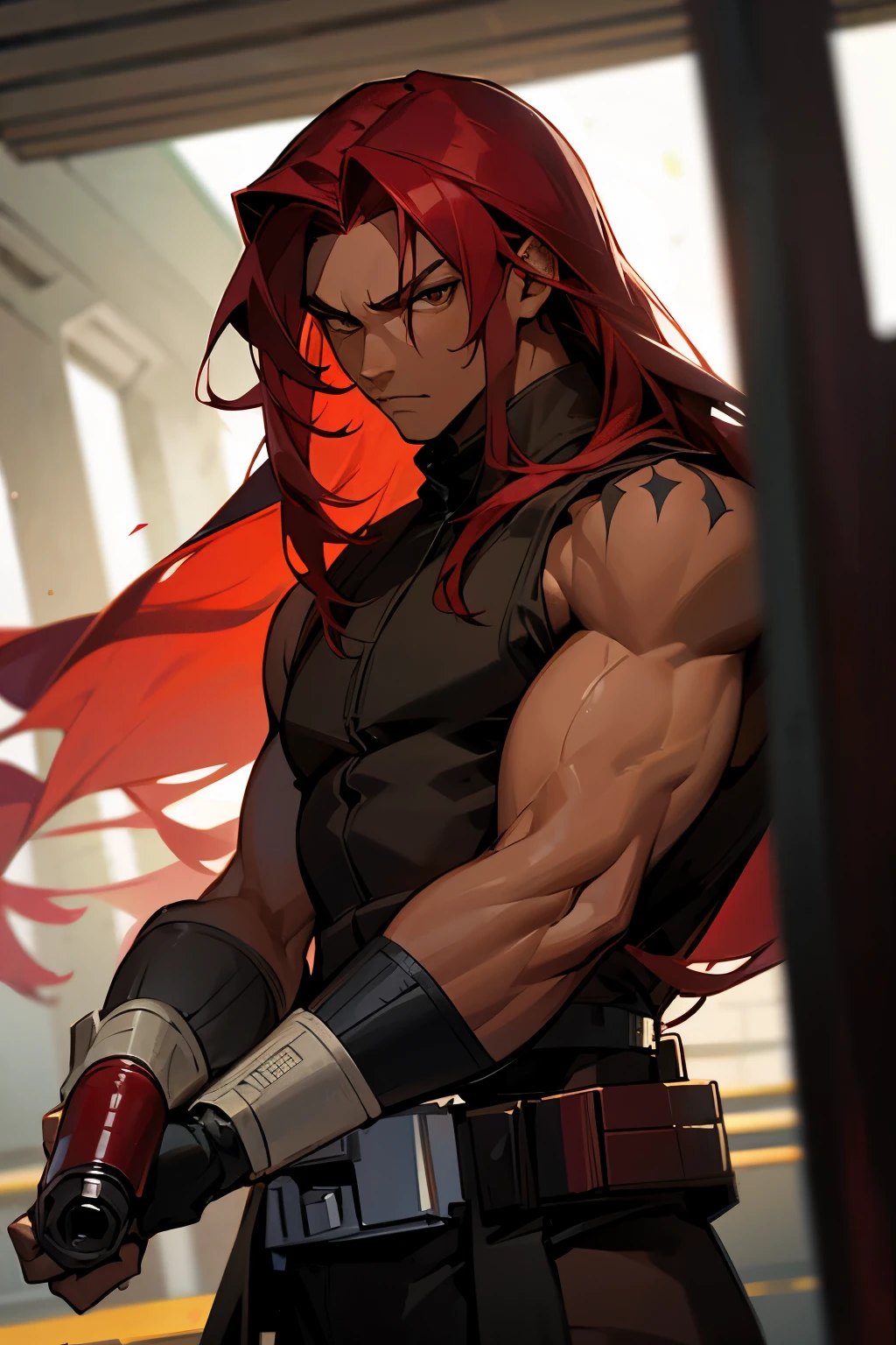 star wars, wine red hair, long hair, male, muscular, darkskin, brown eyes