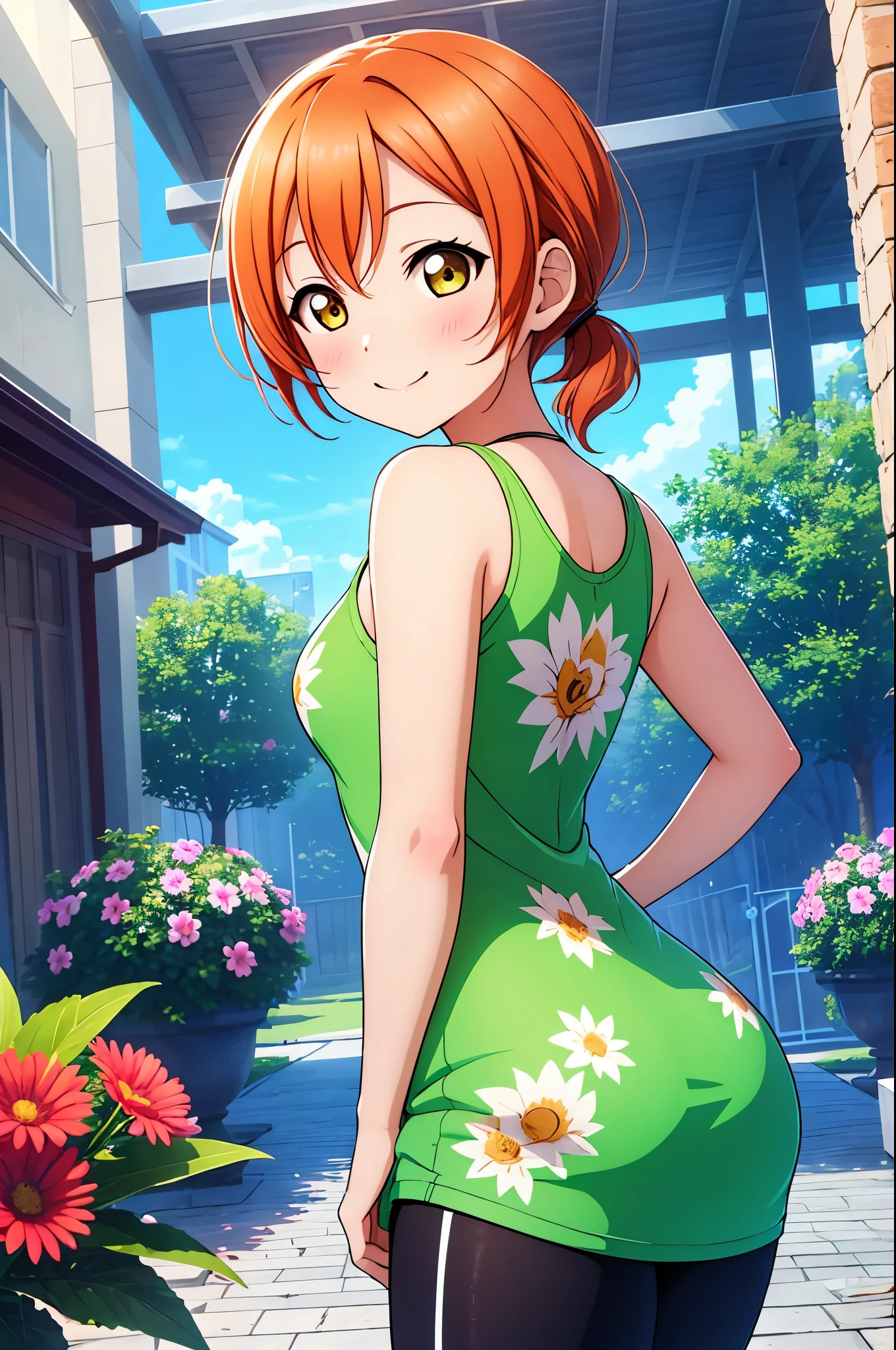 (Masterpiece, Best Quality, High Quality),(chibi), Hoshizora rin,orange hair,low ponytail, yellow eyes, volumetric lighting, illustration, beautiful, tight , Blushing, breasts, looking at viewer, flowers printed tank top, yoga pants,solo, curvy body, fruits print, looking to the side, confident, seductive smile, (arms behind back, head tilt:1.1), heart pendant,perfect lighting, perfect shadows, flower, (breathtaking scenery:1.1), tree, blushing