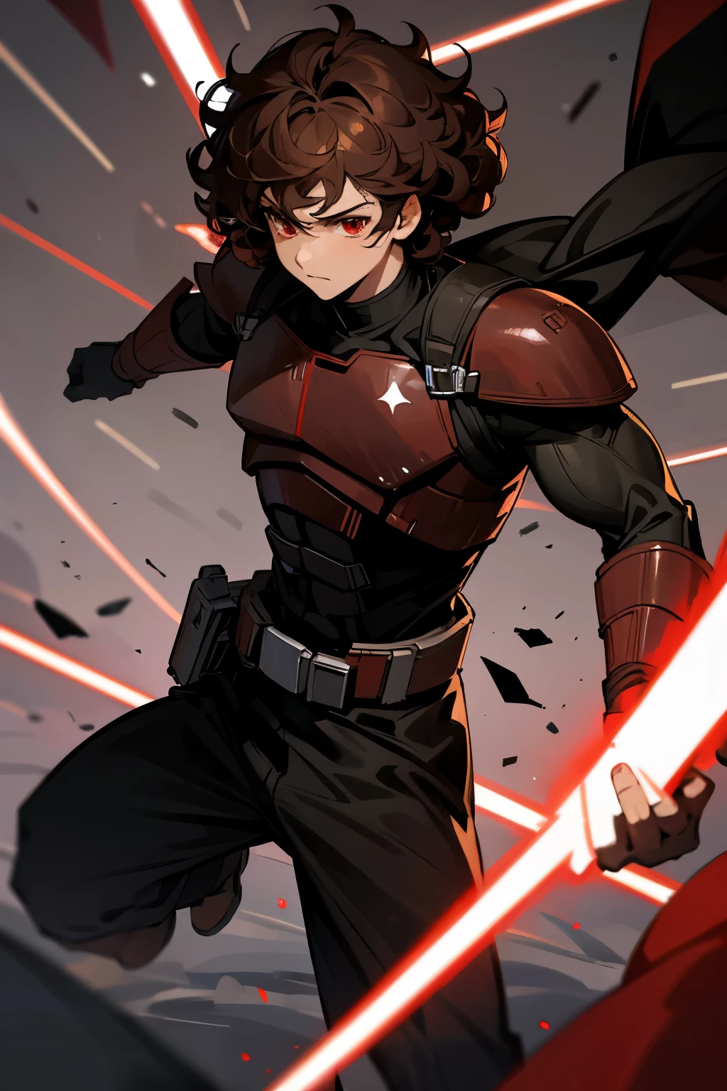star wars, brown hair, curly hair, male, muscular, red eyes, black outfit