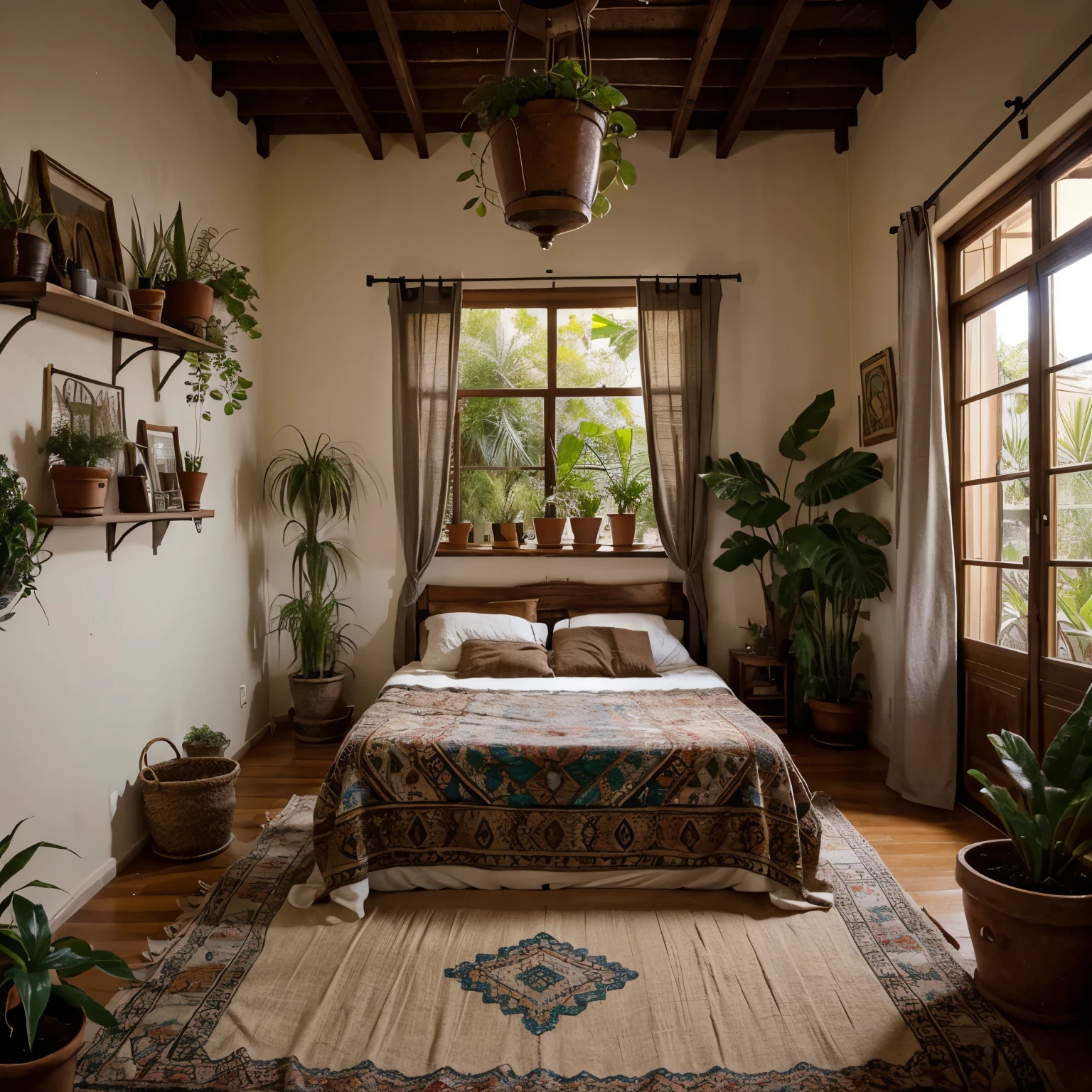 Room with bed, high ceilings, bohemian style, plants , no lights