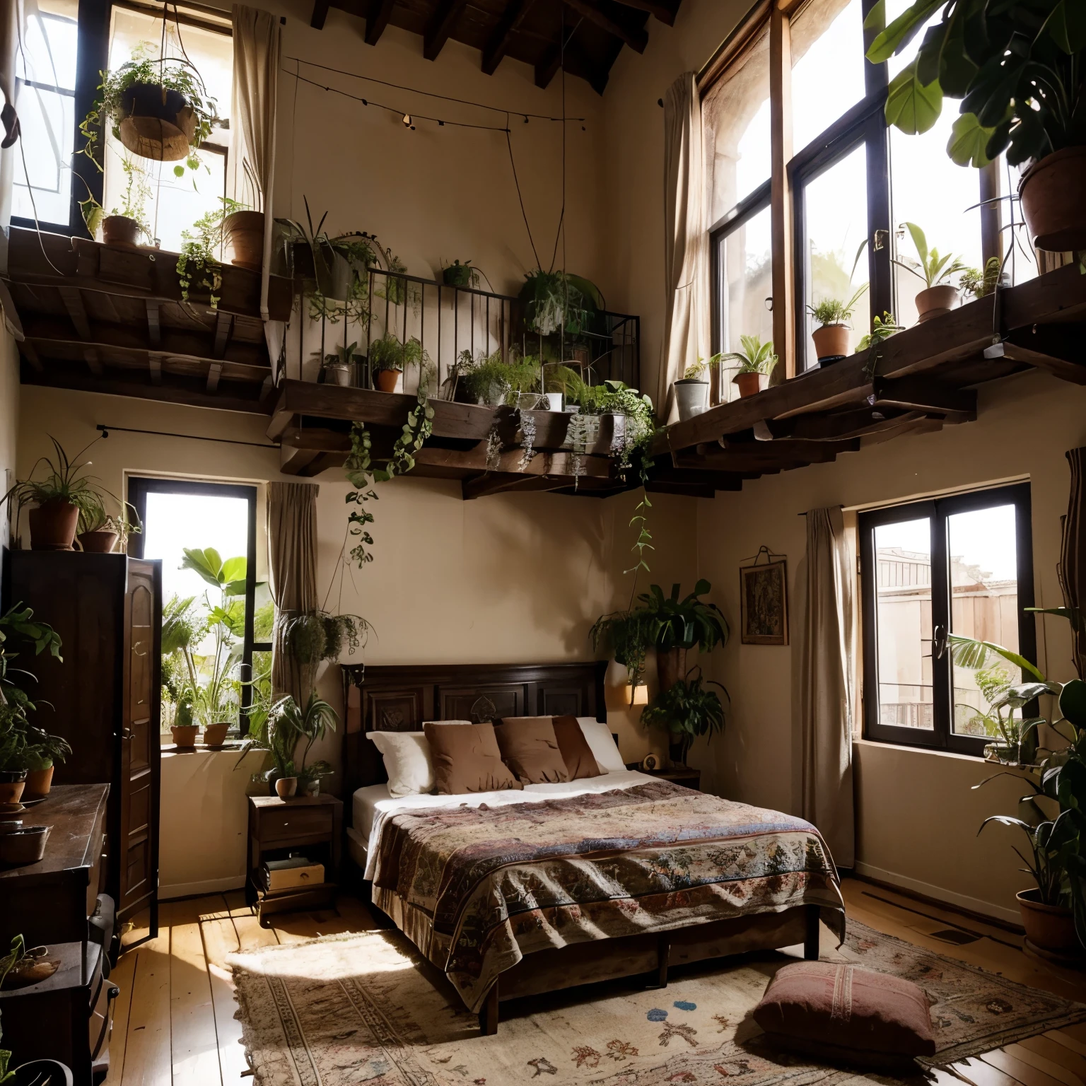 Room with bed, high ceilings, bohemian style, plants , no lights