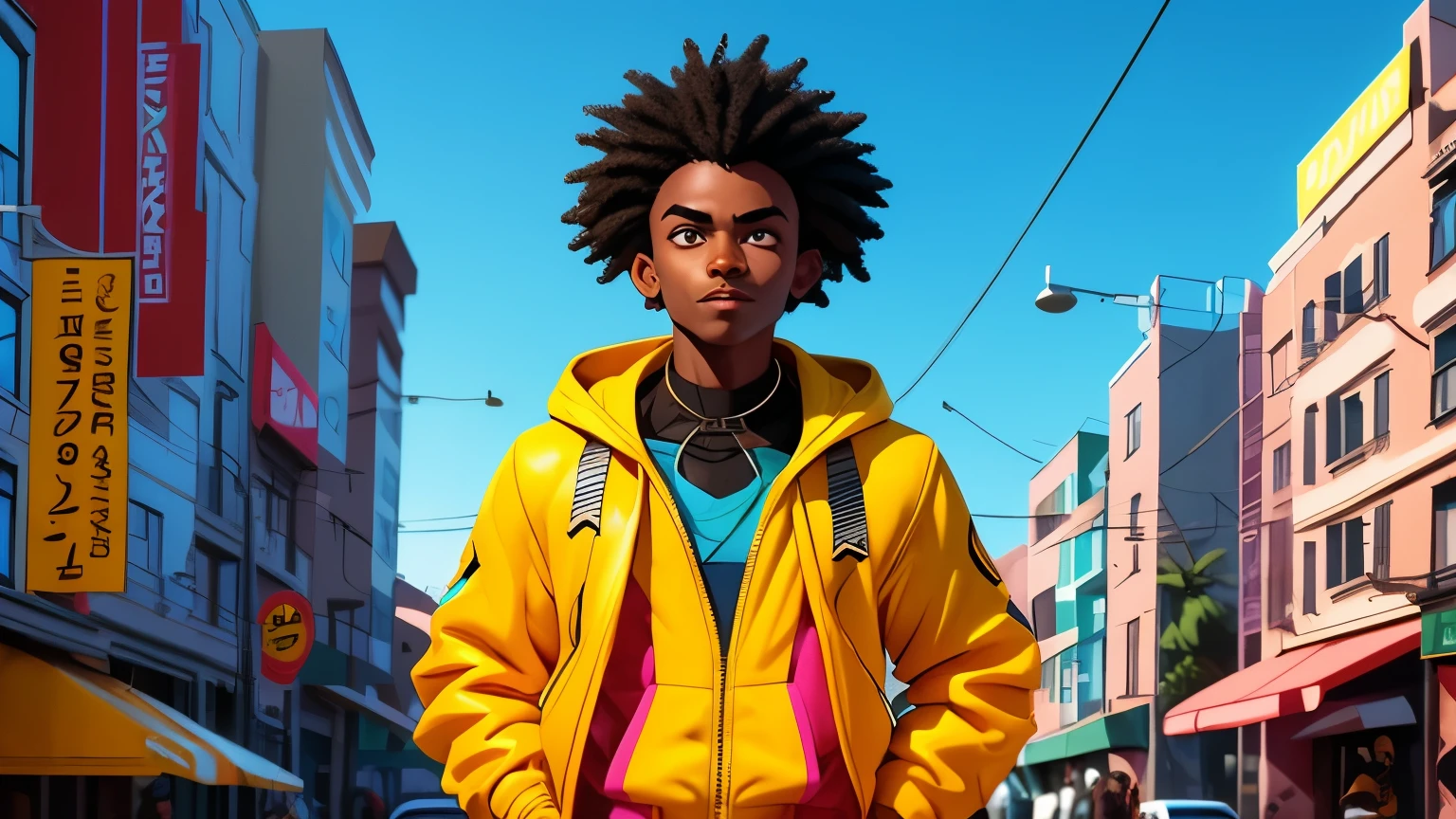 Estilo Pixar, personagem de 14 anos, afro hair preto, usando moletom,skin dark,pele negra, adolescente, menina, garota,girl,fundo vibrante azul escuro