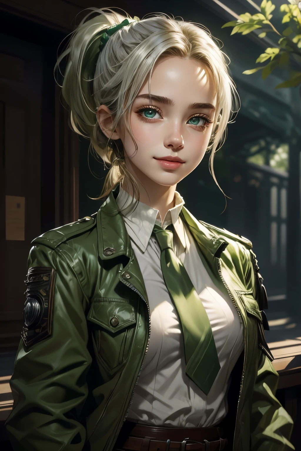 A , brown ponytail, white skin, short girl,detailed face,detailed eyes, green eyes, masterpiece, punk jacket, white shirt, green tie, open shoulders, open sleeves, light smile, flower, quiet, restrained, (concept art)