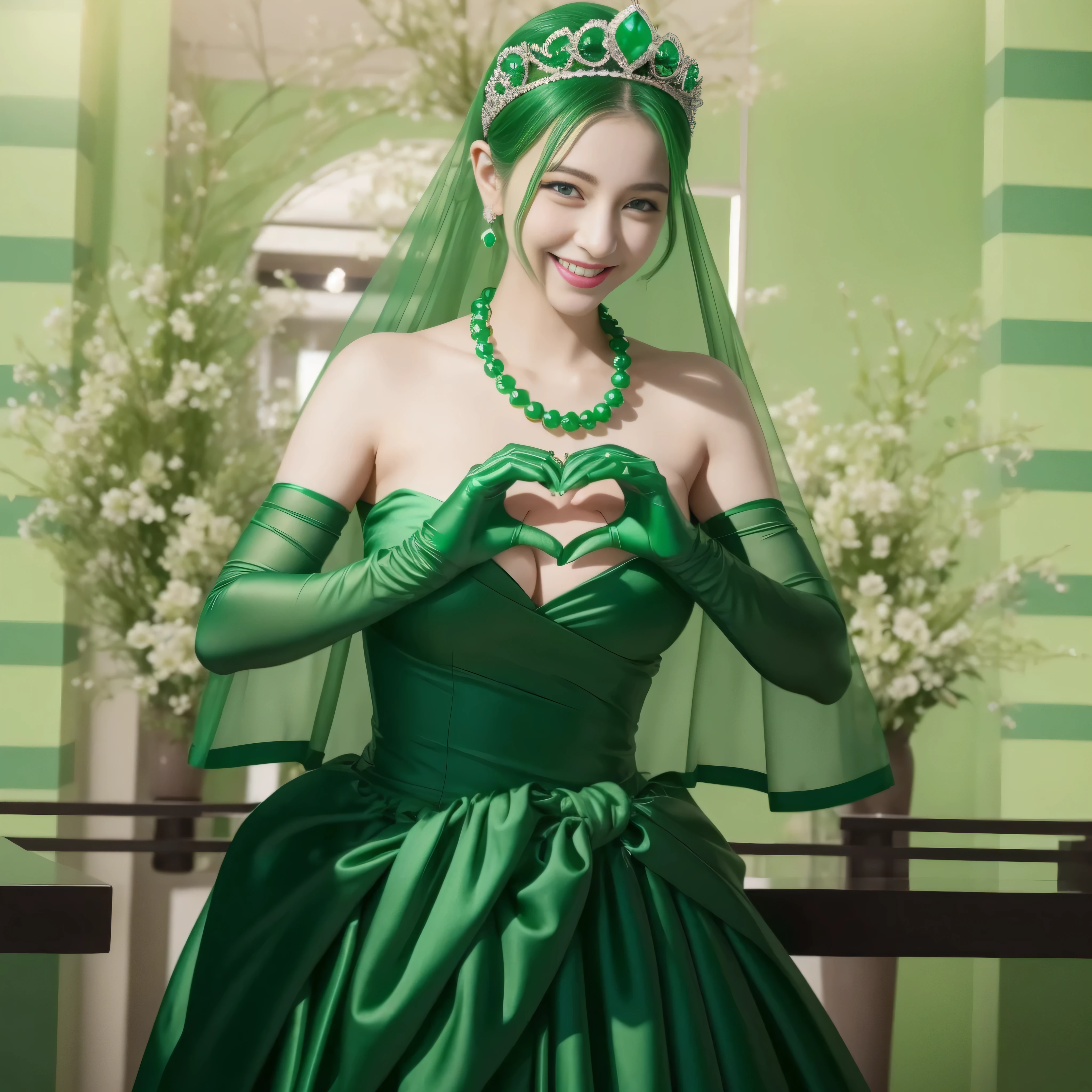 emerald tiara, Green Pearl Necklace, ボーイッシュな非常に短いgreen hair, lipstick, smiling Japanese woman, very short hair, beauty of big breasts, green eyes, green satin long gloves, green eyes, emerald earrings, Green veil, Heart with both hands, green hair, beautiful japanese woman, heart shaped hands:1.3, green lip gloss