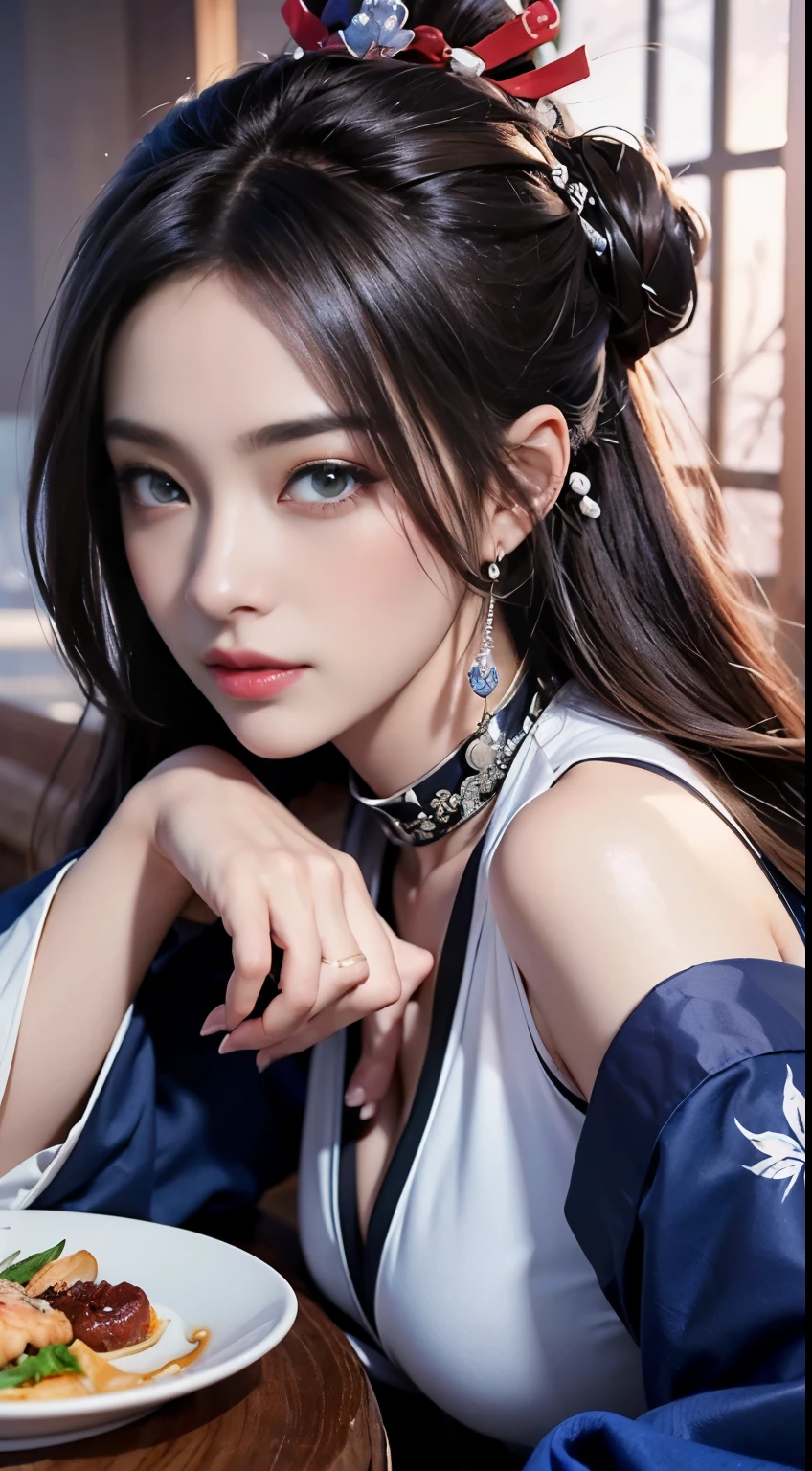 ((highest quality, 8k, table top:1.3)), 1 girl, The beauty of slim abs:1.3, (casual hairstyles, big breasts without leakage: 1.2), dress: 1.1, super detailed face, delicate eyes, double eyelid, Shyness, dynamic pose, smile, Anime girl with gray brown hair and blue eyes holds a fan。, , The feminization of the key art of Xart Krenz, onmyoji detailed art, Portrait Onmyoji, detailed digital anime art, High-definition official artwork, detailed anime art, anime female hero portrait, Onmyoji