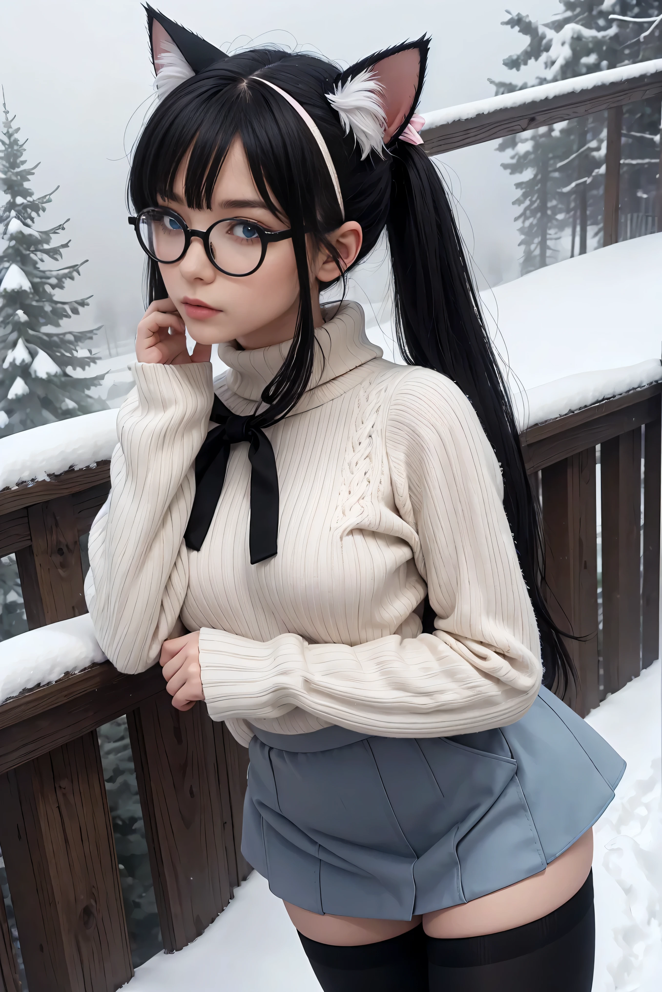 (Best Quality,High resolution:1.2), Ultra-detailed, Realistic portrait, hot Russian girl, pretty face, perfect long legs, full body, tiny waist. large breasts, standing, tight white cropped jumper, black high waist leggings, pink and white snow boots, in the snow, large blue eyes, long black hair tied up with a ribbon, pigtails, tight high waist mini skirt, woolen socks, hair bangs, snowing, foggy, (large round black rimmed glasses), cat ears, (large bow at the back of head, midriff)