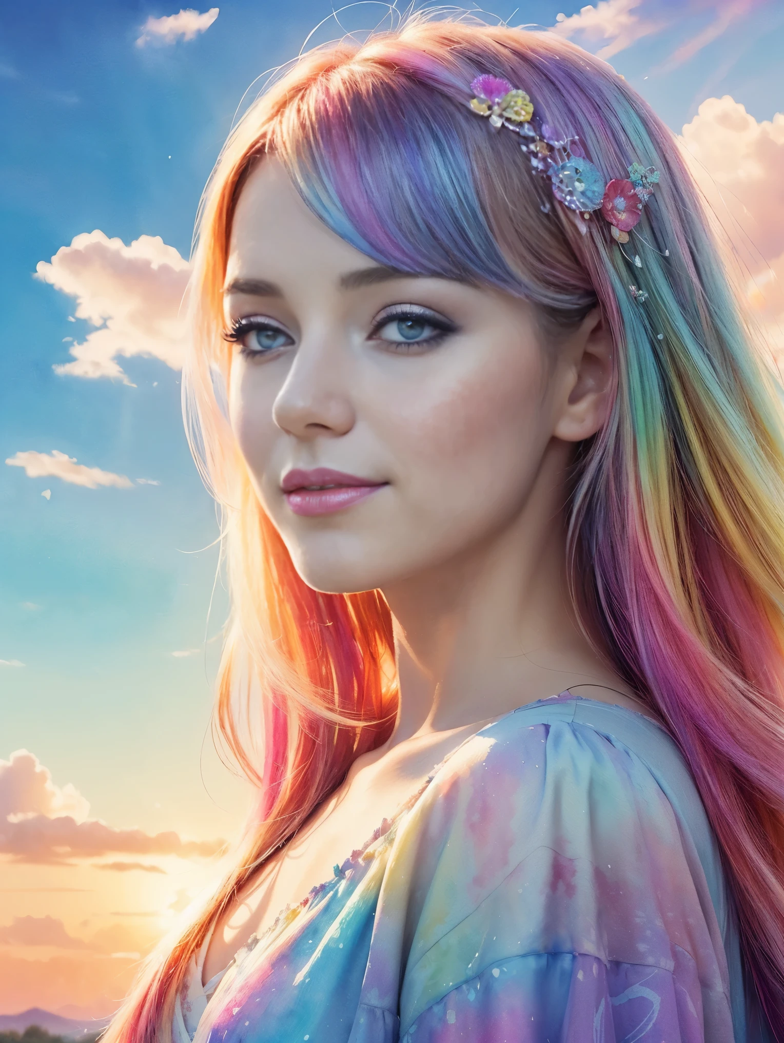 (Masterpiece, Top Quality, Best Quality, Watercolor (Medium), Official Art, Beautiful and Aesthetic: 1.2), (1 Girl: 1.3), (Fractal Art: 1.3), Morning, Good Morning, Smile, Sunny Day, Cheerful, Look Viewer, Pattern, Wave, (Iridescent Hair, Colorful Hair: 1.2), Sky, Gas, Clouds, Colorful, Soap Bubbles