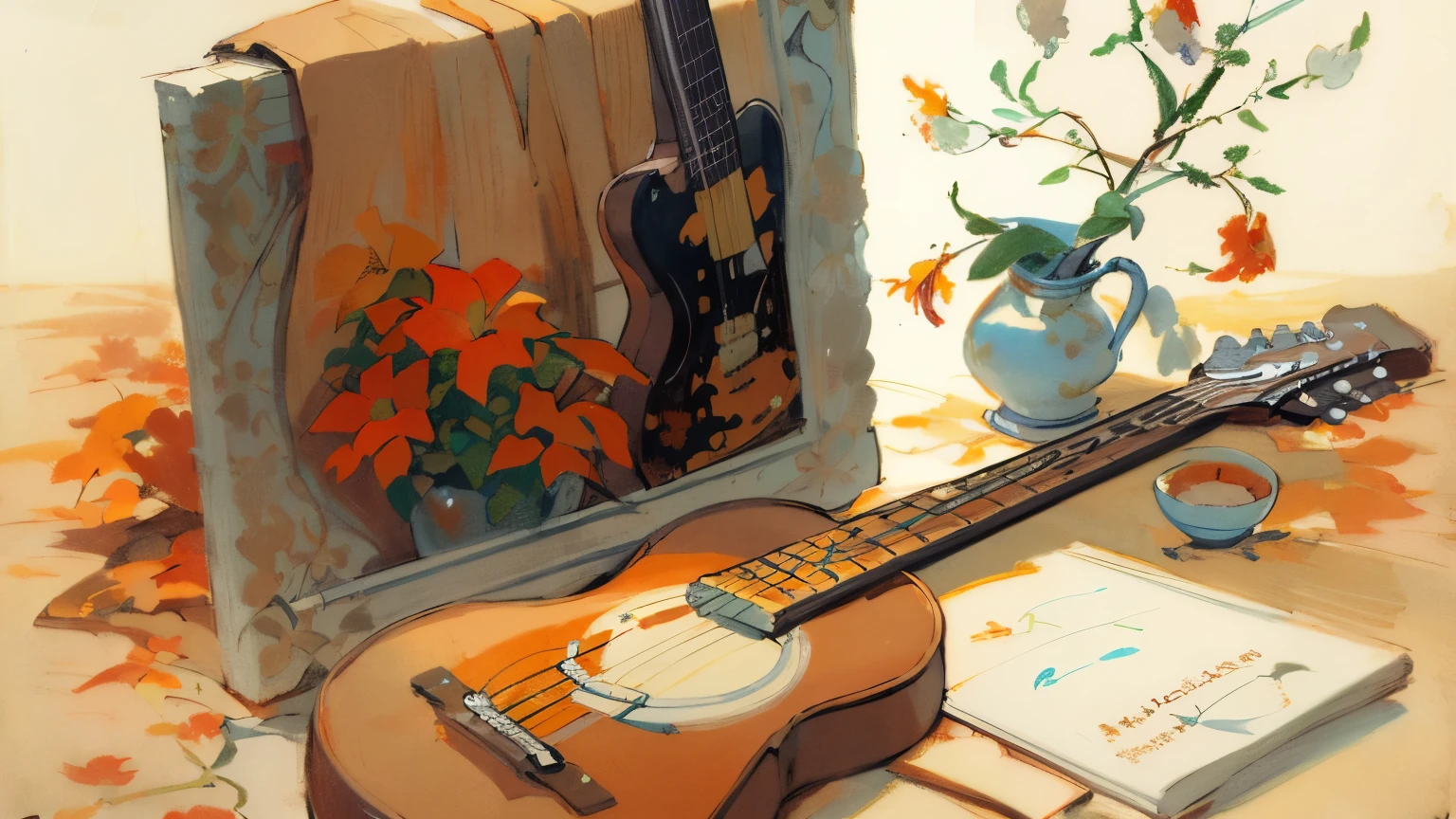 Guitar drawing, a painting, book, and a vase of flowers, Autumn leavesAuthor: Hristofor Žefarović, by Hristofor Zhefarovich, traditional art, by Maksimilijan Vanka, artist sketch, Dora Kereshtes, Maximilian Gerymsky, Martina Krupičková