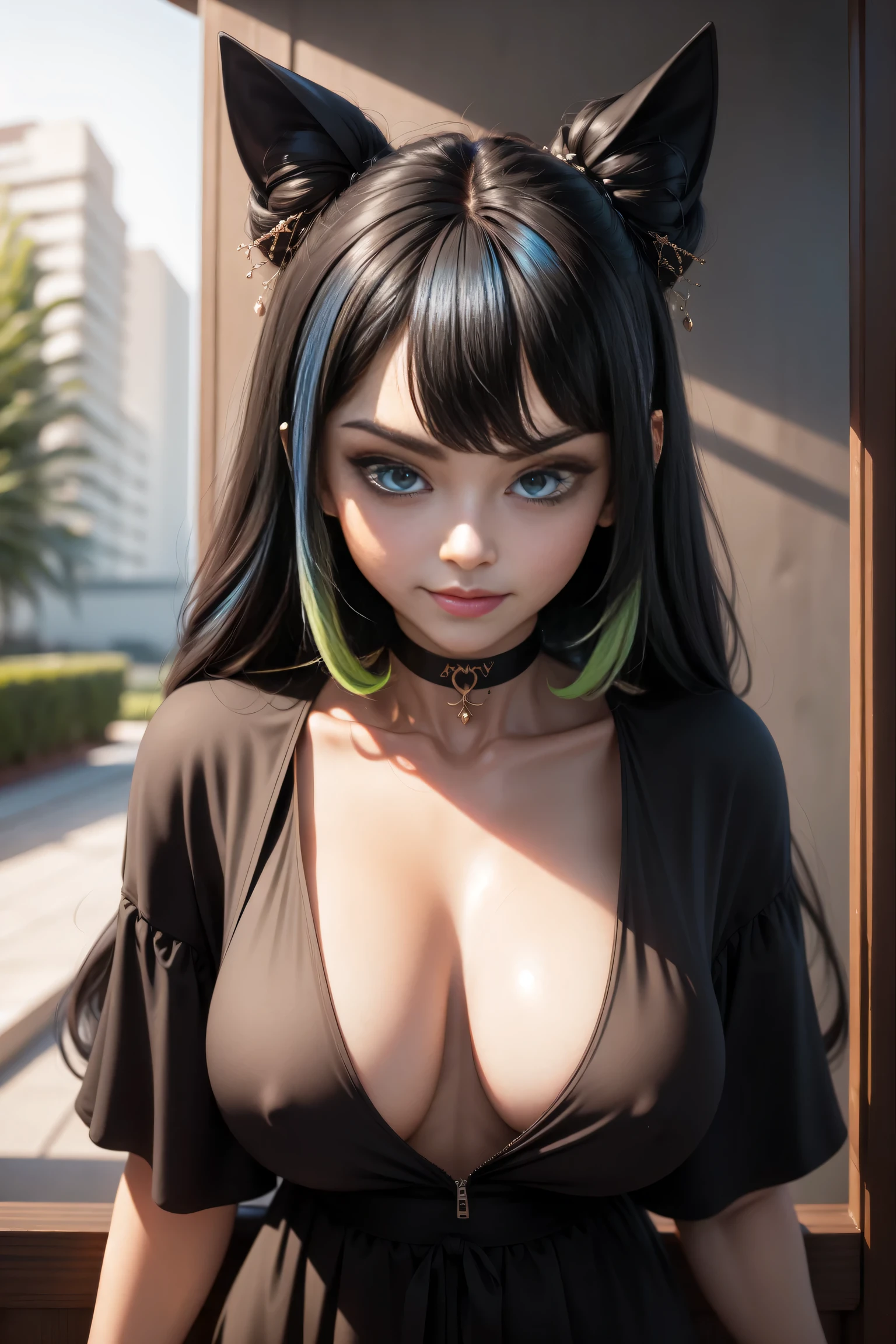 ((Masterpiece, best quality,edgQuality)),smug,smirk, edgBulgr_woman, edgBulgr_face,edgBulgr_body, Haute_Couture,edgCT, a woman in a ([blouse,chic top|designer dress]::0.5) ,wearing edgCT, 1 bright blue eye, the other bright green eye , both eyes are radiant 