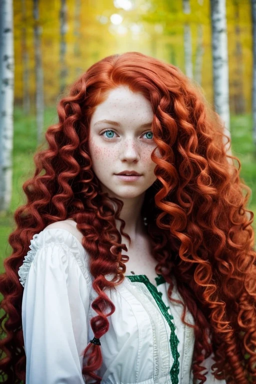 (((long fluffy curly red hair))) face portrait of An extremely Beautiful young Woman, pale skin, green eyes, freckle,  Scottish,  victorian dress, Birch forest, gritty sharp focus, intricate, watercolor,