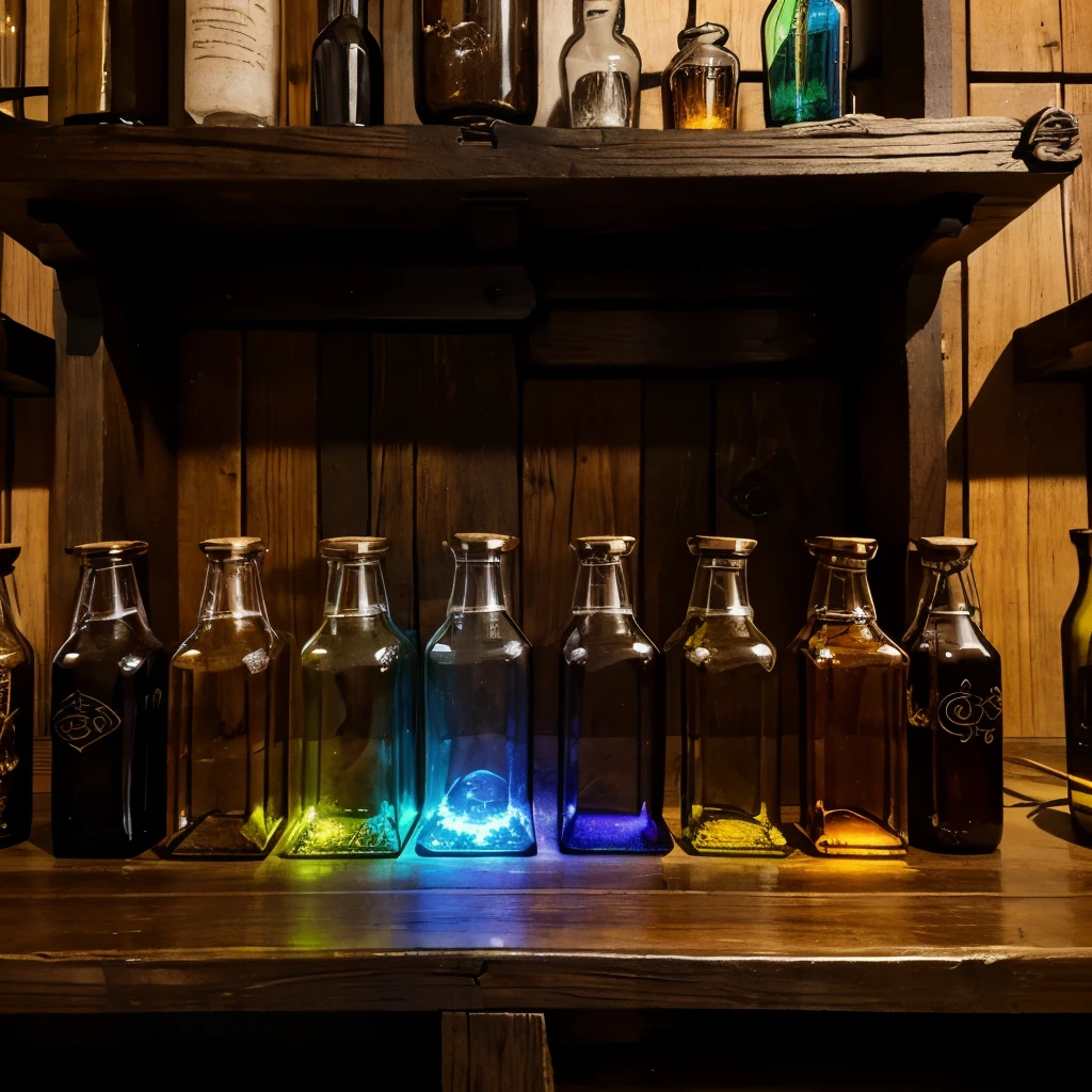 magical enchanted elixirs, spells & glowing potions on a wooden shelf 1400s old style,
old ancient glass bottles all different shapes and sizes