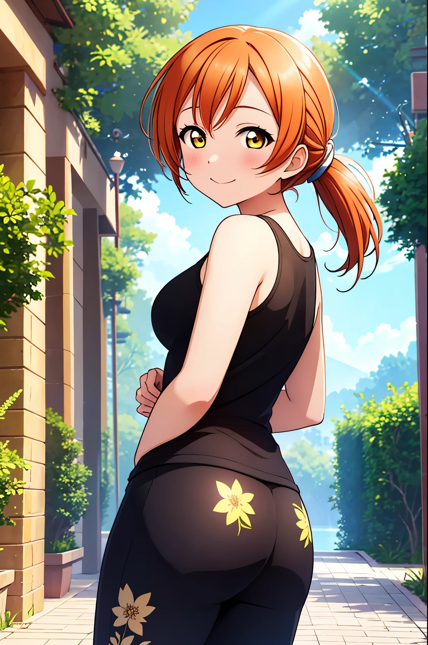 (Masterpiece, Best Quality, High Quality),(chibi), Hoshizora rin,orange hair,low ponytail, yellow eyes, volumetric lighting, illustration, beautiful, tight , Blushing, breasts, looking at viewer, flowers printed tank top, yoga pants,solo, curvy body, fruits print, looking to the side, confident, seductive smile, (arms behind back, head tilt:1.1), heart pendant,perfect lighting, perfect shadows, flower, (breathtaking scenery:1.1), tree, blushing