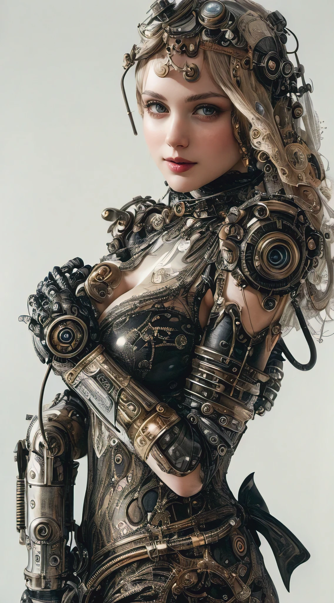 Smiling 1girl with bionic arms in steampunk fashion, captured in ultra high resolution with photorealistic and beautiful lighting. This masterpiece is of the best quality and is set against a zentangle abstract background (weighted at 1.4).