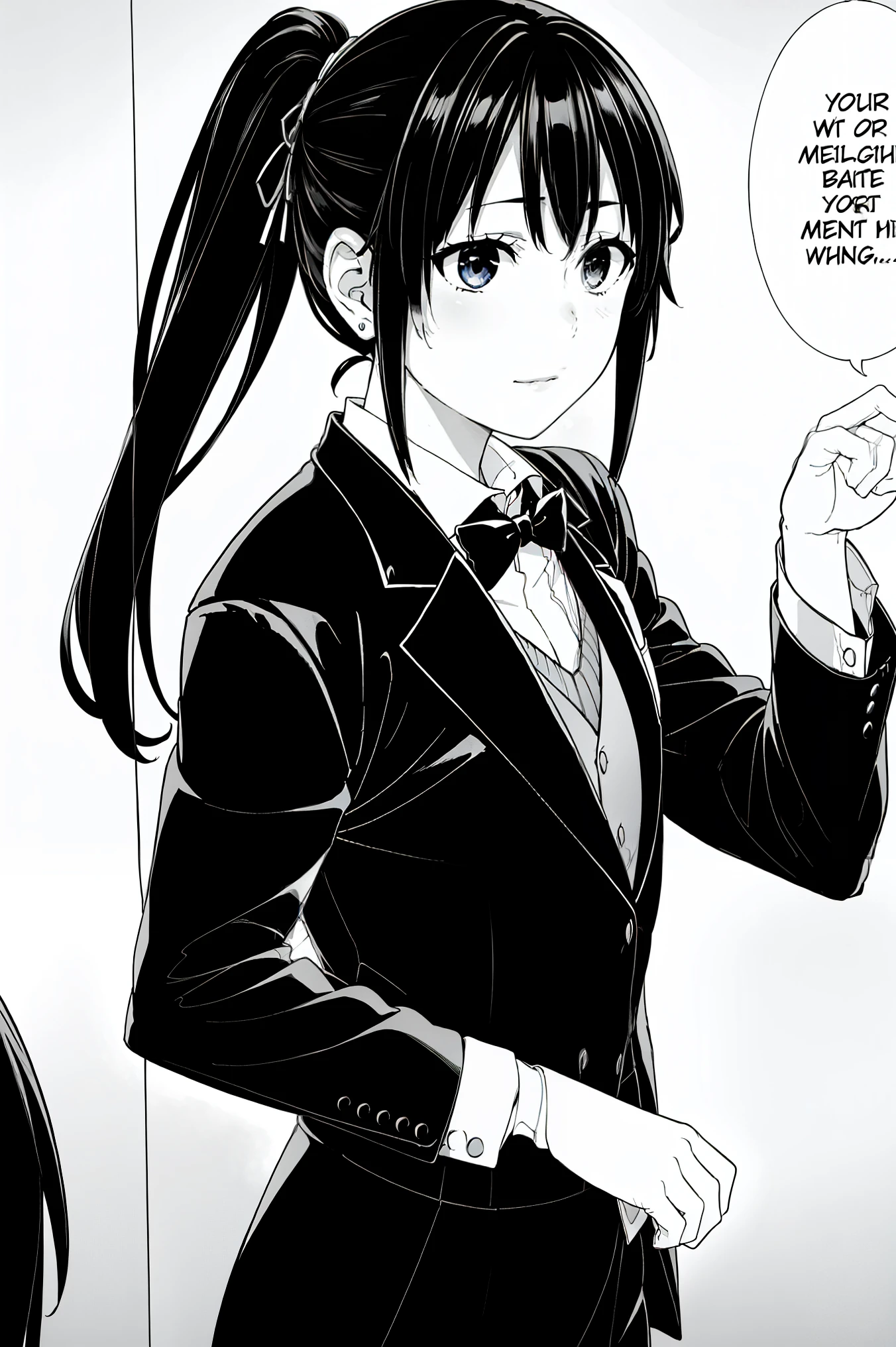 (masterpiece, best quality:1.2), 1girl, solo , yukinoshita yukino,b,classic black tuxedo,crisp tailored suit,sharp edges,perfectly fitted attire,sleek satin lapels,elegant bow tie,swagger,luxurious fabric