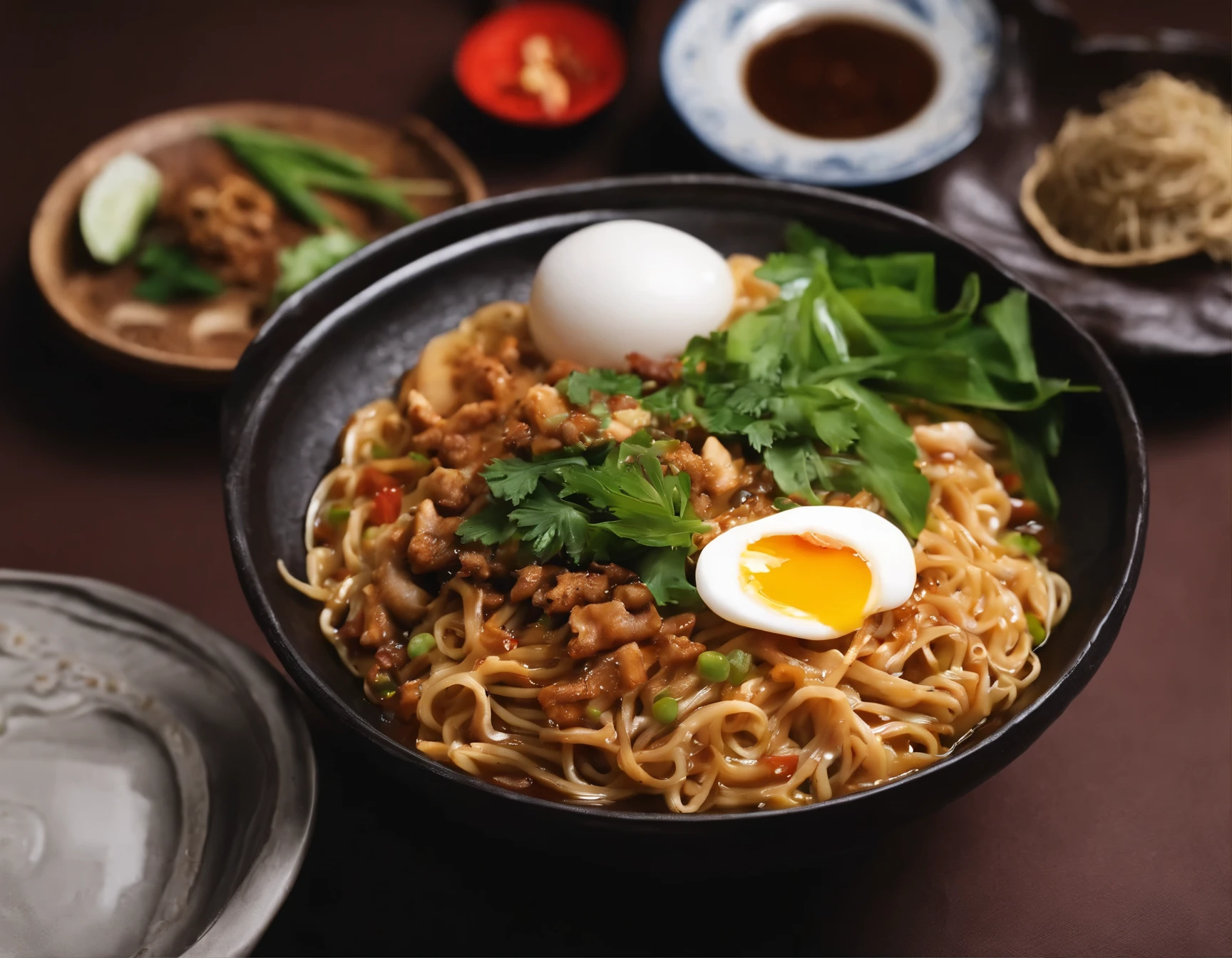 Delicious and tempting spicy noodles，Plenty of fresh vegetables，The aroma of poached eggs overflows，Brown seashells are delicious and delicious，The taste of pepper is very strong，Yellow bamboo shoots are crispy, tender and delicious，Fungus has a delicate taste，The tofu ended up tasting great，The noodles picked up with chopsticks are delicious。illustration