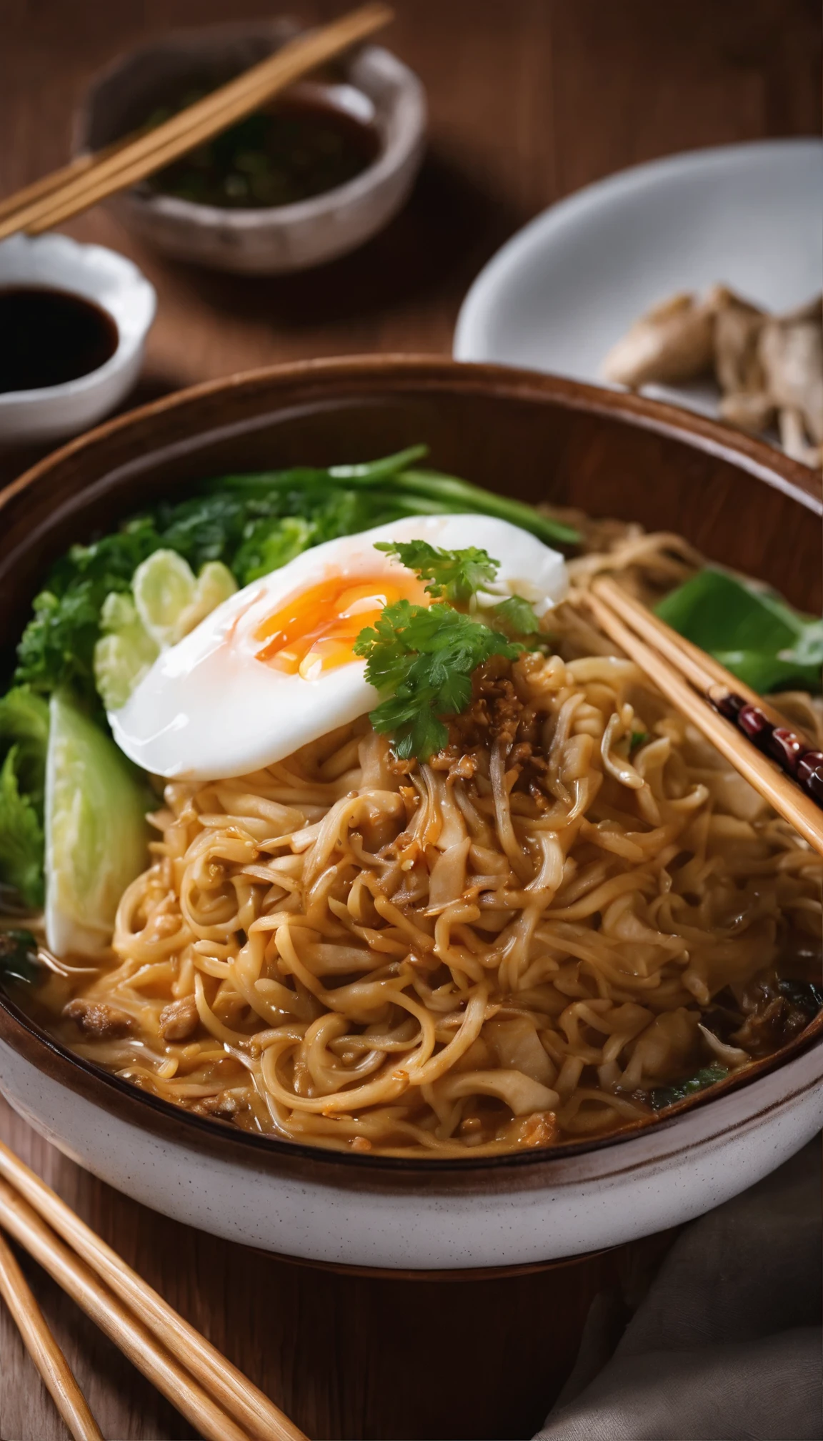 Delicious and tempting spicy noodles，Plenty of fresh vegetables，The aroma of poached eggs overflows，Brown seashells are delicious and delicious，The taste of pepper is very strong，Yellow bamboo shoots are crispy, tender and delicious，Fungus has a delicate taste，The tofu ended up tasting great，The noodles picked up with chopsticks are delicious。illustration