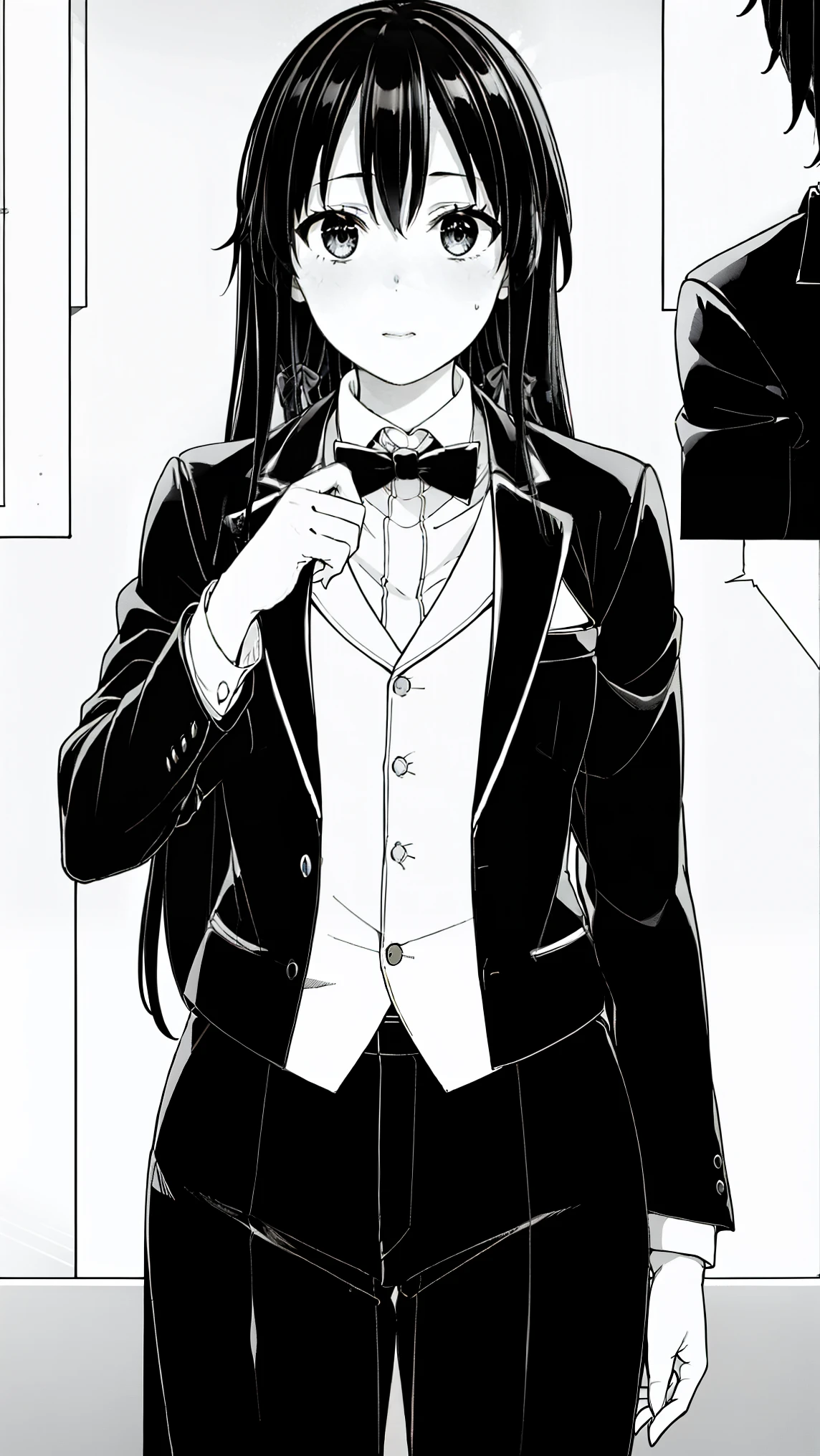 (masterpiece, best quality:1.2), 1girl, solo , yukinoshita yukino,b,classic black tuxedo,crisp tailored suit,sharp edges,perfectly fitted attire,sleek satin lapels,elegant bow tie,swagger,luxurious fabric, baddas girl