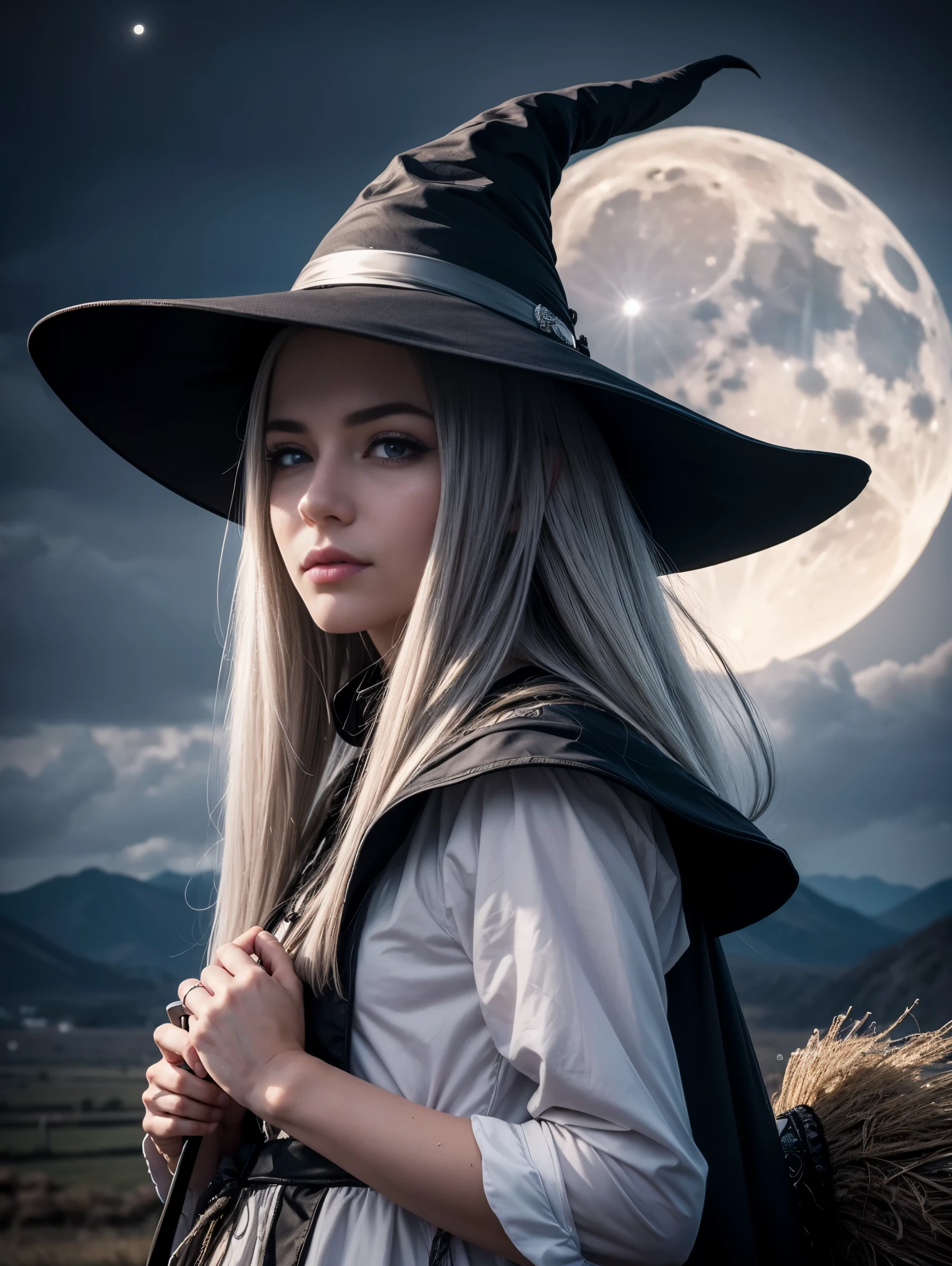 best quality, highly detailed, masterpiece, ultra-detailed, cloud, witch_hat, hat, 1girl, sky, blue_sky,day, long_hair, cloudy_sky, moon,bird, solo, silver_hair, witch, outdoors