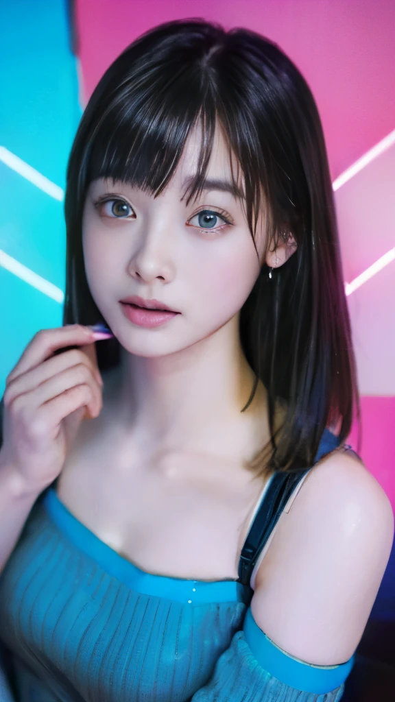 (masterpiece:1.3), (8k, realistic, RAW photo, highest quality: 1.4), (Young adult girls), beautiful face, young and beautiful big breasts、big breastsの谷間、(thin face、big earrings、wrist accessories、waist accessories), beautiful ash gray hair color, colorful blue and pink hair、realistic eyes, beautiful and detailed eyes, (realistic skin、迸るSweat、oil skin,glowing skin、realistic skin texture、詳細なbeautiful skin、shiny skin、shiny skin)、beautiful skin, break、(off shoulder、ribbed sweater dress、big breastsサイズ), evil smile、charm, charm的な、ultra high resolution, 超realistic, very detailed, beautiful feet、細くcharmな太もも、((full shot :1.8)) , office lady、((スレンダーbig breasts、slender body、small face、thin neck、thin body、thin arms and legs))、(((night club、night bar、disco club、gorgeous neon lights、laser beam effect、Pink and blue neon lights))), Shadow、break、looks embarrassed、((Sweat, vapor))、(cowboy shot:1.5), hanging cut length、cold gaze、scornful face、scornful face))、(slender body、big breasts、long chest、saggy breasts、weaning), break、((open your mouth、stick out tongue、elongated tongue、fluorescent pink gloss slip))、(sexy standing pose)、night clubの店内、hyperpunk pub, many bottles of alcohol、bar counter、men drinking alcohol、A lively interior