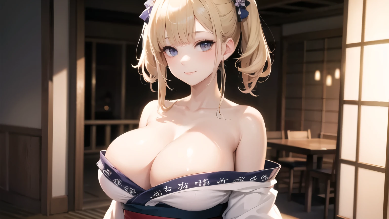 (((masterpiece, best quality))), (((superior quality))), cute girl, ((extremely detailed girl)), ((huge breasts)), (yukata), (bare shoulders), strapless top, slight smile, twin tail blonde