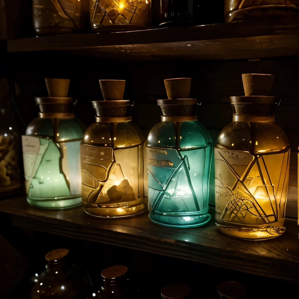 In a dimly lit apothecary, a wooden shelf lined with ancient jars and vials glows with an otherworldly light. Each container holds a magical elixir, spell, or glowing potion, their labels faded with age but still bearing intricate illustrations of mystical creatures and symbols. The air is thick with the scent of herbs and spices, and the shelf seems to pulse with a faint, ethereal energy, as if alive with the secrets of the arcane. The scene is reminiscent of the 1400s, with the wooden shelf crafted from rough-hewn planks and the jars and vials made of thick, hand-blown glass. The light casts deep shadows, adding to