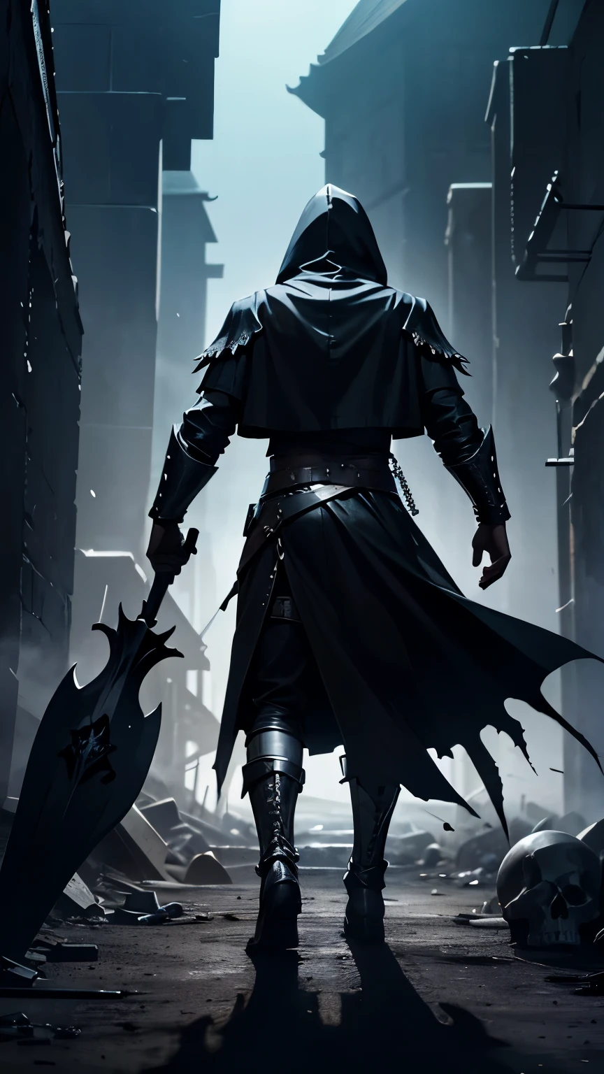 Man from back wearing black leather hood manipulating magical black shadows, with great destruction in the background and skulls on the ground, imagem medieval dark, imagem estilo fantasia, montanhas gigantes