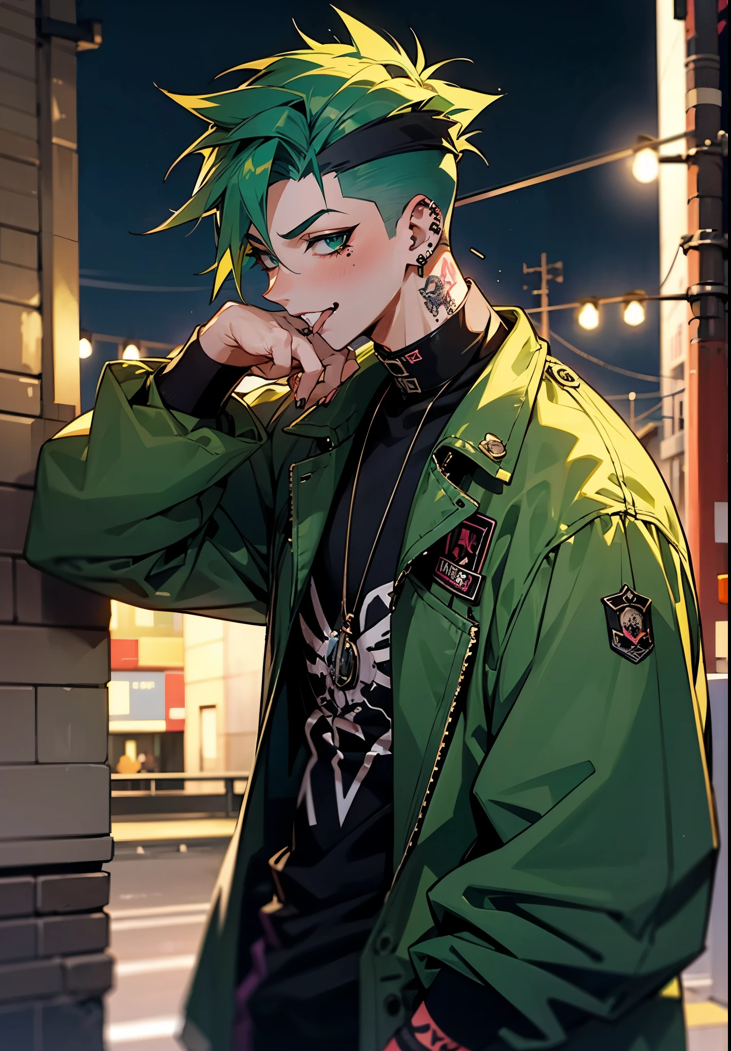 1male, Adult, Green Hair, Sticking Tongue Out, Undercut, Punk Clothes, Piercings, Night time, City, Masculine