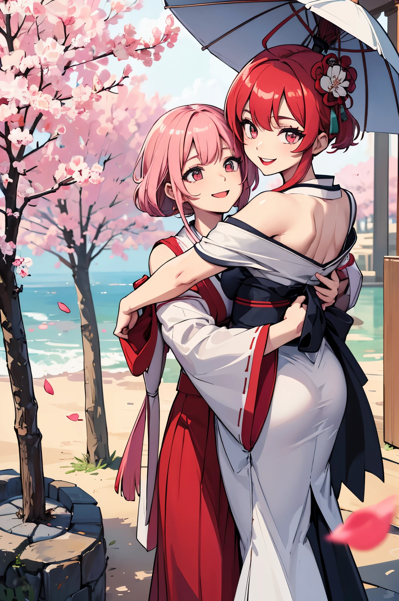 masterpiece:1.2, ultra high quality, stunning image:1.2, absurdres, Woman, mature:1.4, sakura maiden, hug from behind, pointing at smile, medium breasts, off the shoulder, exposed breasts, holding a bright pink parasol, bright red lips, pale face, smiling, asian facial structure, japanese village, sakura petals