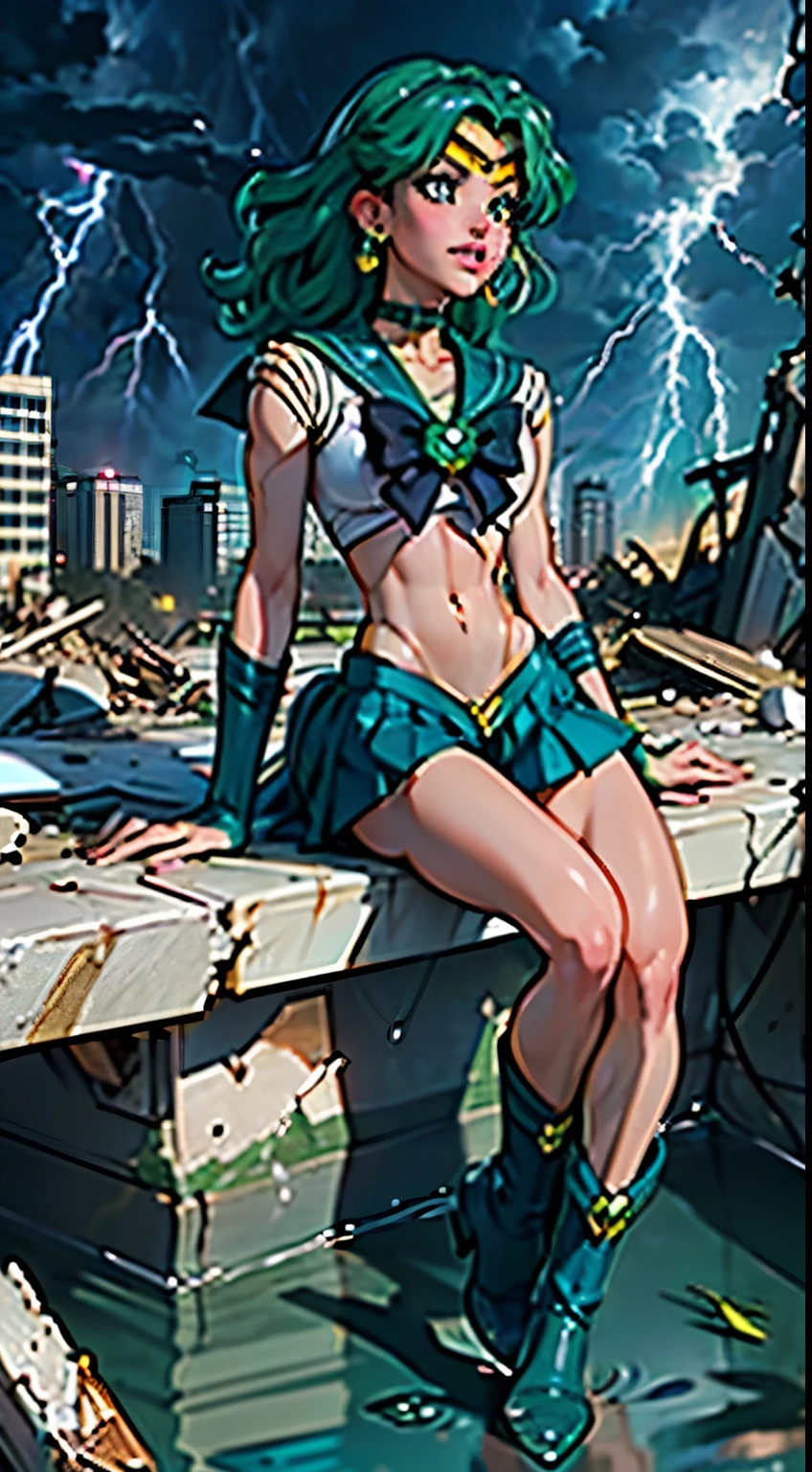 (Close up), ((cinematic lighting)), (detailed skin), ((paintstrokes)),1girl, marinero Neptuno, (Uniforme Sailor Senshi:1.4), photographic, (Guantes blancos de codo:1.1), jewely, pecho mediano, cuerpo completo, dynamic background, Dynamic posture, tacones altos,,((slendered abs)), detailed 8K.motor irreal:1.4,UHD, textura de la piel:1.4, ,(manos Detallado),(Apocalyptic destroyed city:1.7),(white Botas por encima de la rodilla: 1.4), gargantilla, (Guante Blanco:1.4), gargantilla verde, ((muscular legs)), Arboledas de codos, jewely, pendientes, falda verde, only one, cuerpo completosbian, pelos verdes,(fondo atardecer:1.4),(Sailor neptune:1.4),(medio cuerpo:1.4),4 k ,(manos detailed),(blue background water thunder lightning rain water drops falling:1.4)