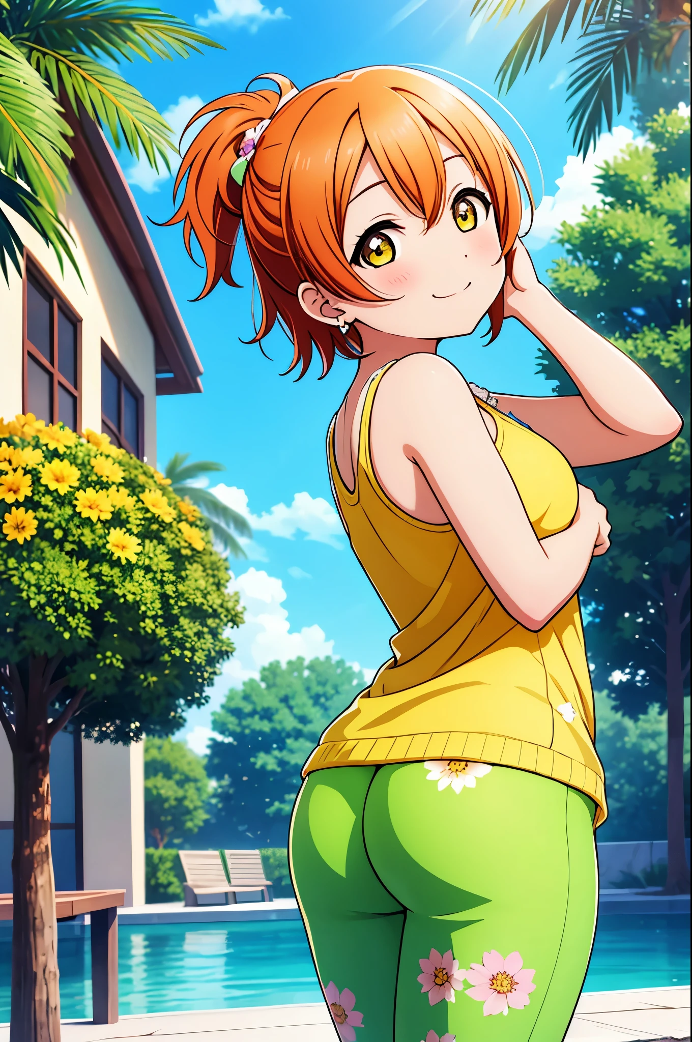 Masterpiece, looking back, Hoshizora rin, yellow eyes, orange hair, (most beautiful micro bikini:1.2), thighs, cowboy shot, sexy, from behind, sexy pose, showing her beauty, sedative smile, beach,solo, (exposed ass cheeks:1.256)