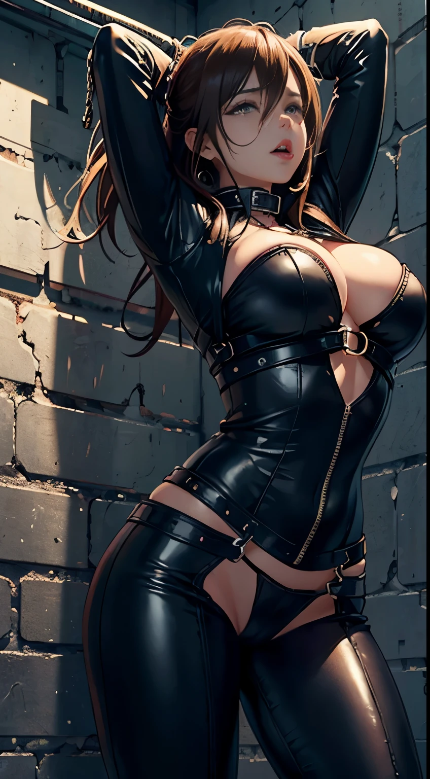Several girls, group picture, lineup, harem, 3+A beautiful girl imprisoned by a villain, 1 girl was tied up in the back, ((Masterpiece)), ((high resolution)), ((Best quality)), detail, (NSFW, Crying), ((Hands were tied to prison railings, Handcuffs, The wrists are tied)), , Korean girl, Teary eyes, Brown hair, Collar, Wear leather clothing,tight leather pants,boot, Big breasts, Big breasts, Upward dense, underdressing, statue ,Handcuffs, Collar, Chains, Shame, fear, breasts focus, cinmatic lighting, perfectly shaded,(((prison))), realistic lighting with shades,Verbal gestures,Lick the banana in your mouth