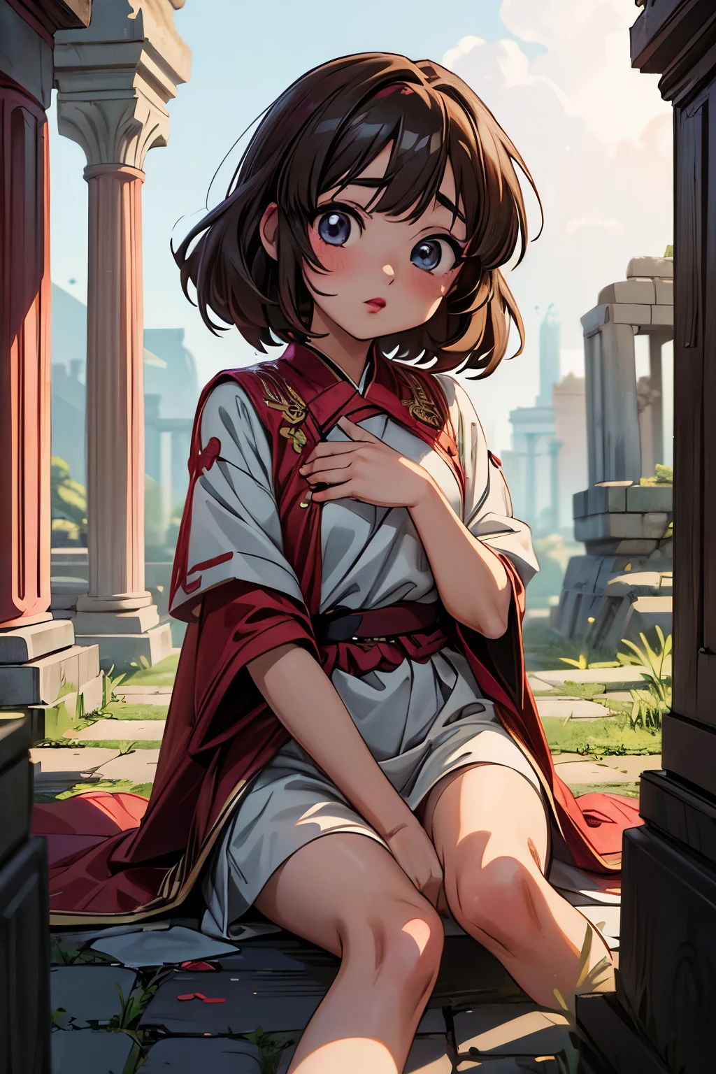 ((Masterpiece)), (Anime:1.5), ((best quality)), (Professional Photography:1.3), (High Definition), (RAW photo:1.2), (), cute girl, Ritual Dress, ruined Ancient cities, cute eyes, longeyelashes, Glossy skin, (makeup red lipstick),