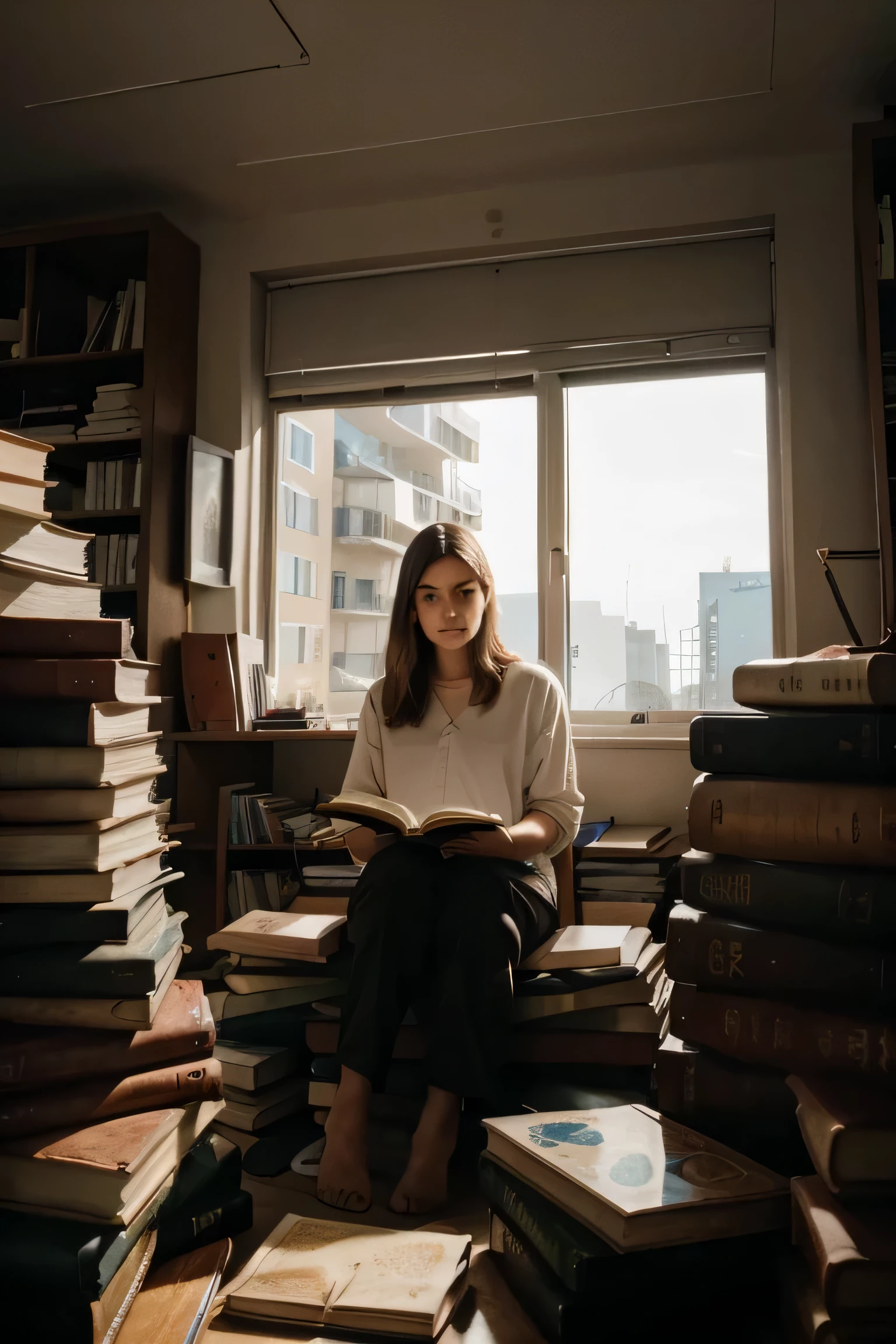 a person sitting on top of an endless pile of books, melhorar o rosto