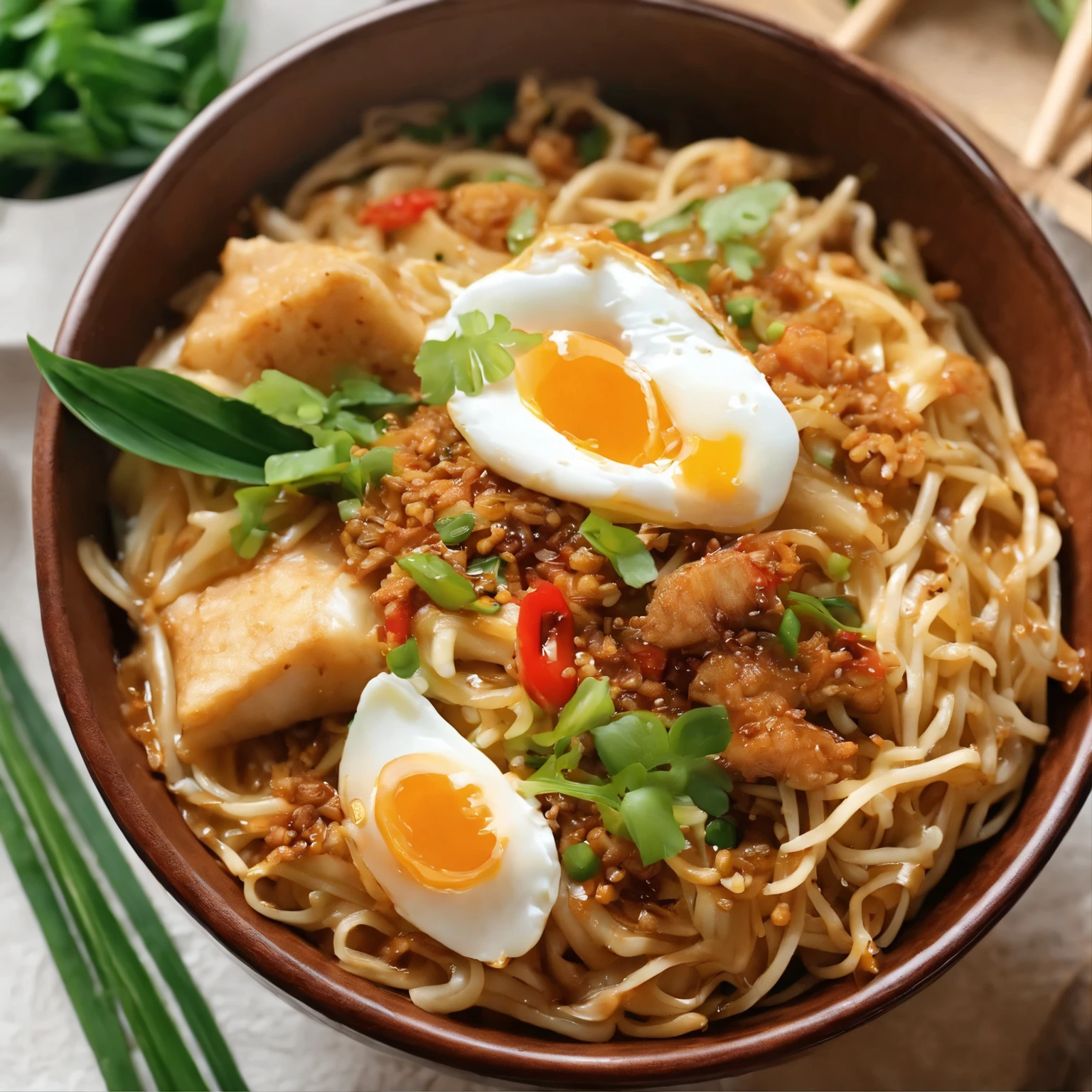 Delicious and tempting spicy noodles，Plenty of fresh vegetables and green onions，The aroma of poached eggs overflows，Brown seashells are delicious and delicious，The taste of pepper is very strong，Crispy yellow bamboo shoots, Tender and delicious，Fungus has a delicate taste，Tofu ends up tasting great，The noodles picked up with chopsticks are delicious。illustration