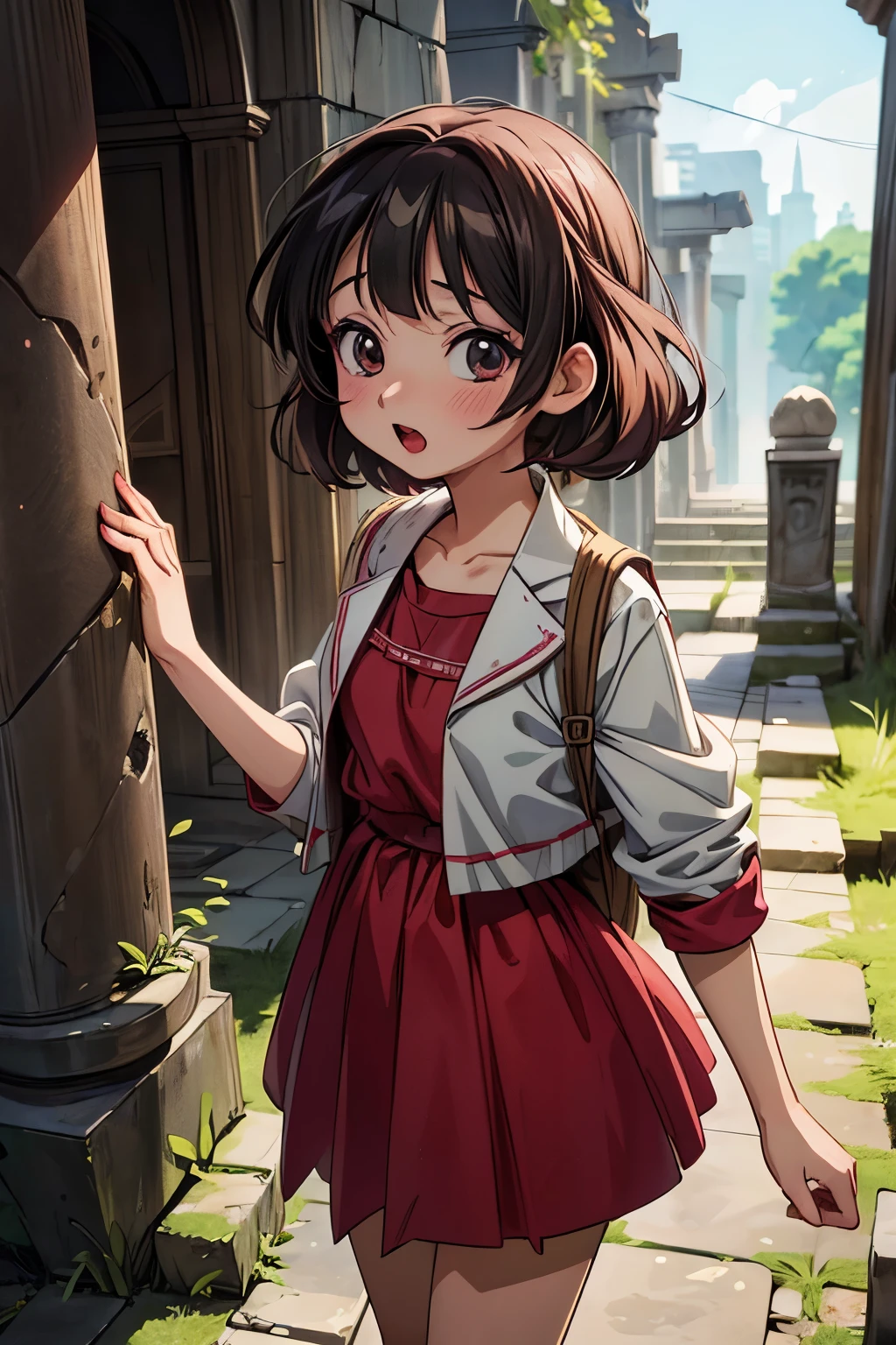 ((Masterpiece)), (Anime:1.5), ((best quality)), (Professional Photography:1.3), (High Definition), (RAW photo:1.2), (), cute girl, Ritual Dress, open mouth, ruined Ancient cities, cute eyes, long eyelashes, Glossy skin, (makeup red lipstick),