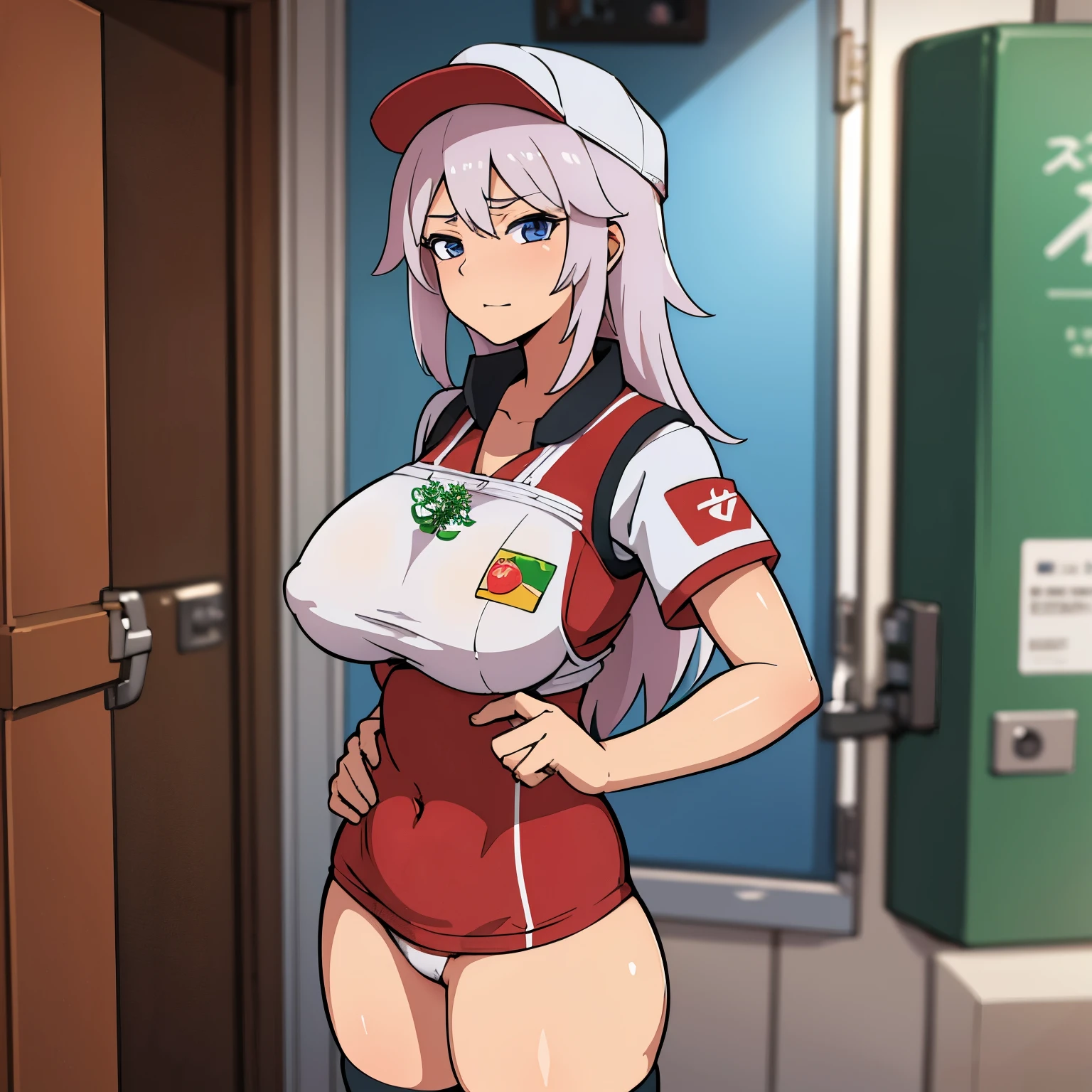 calidad superior, Obra maestra, Ultra high resolution,Anime illustration of an anime girl wearing a pizza delivery uniform who is knocking on the door of a house to deliver a pizza and has huge tits 