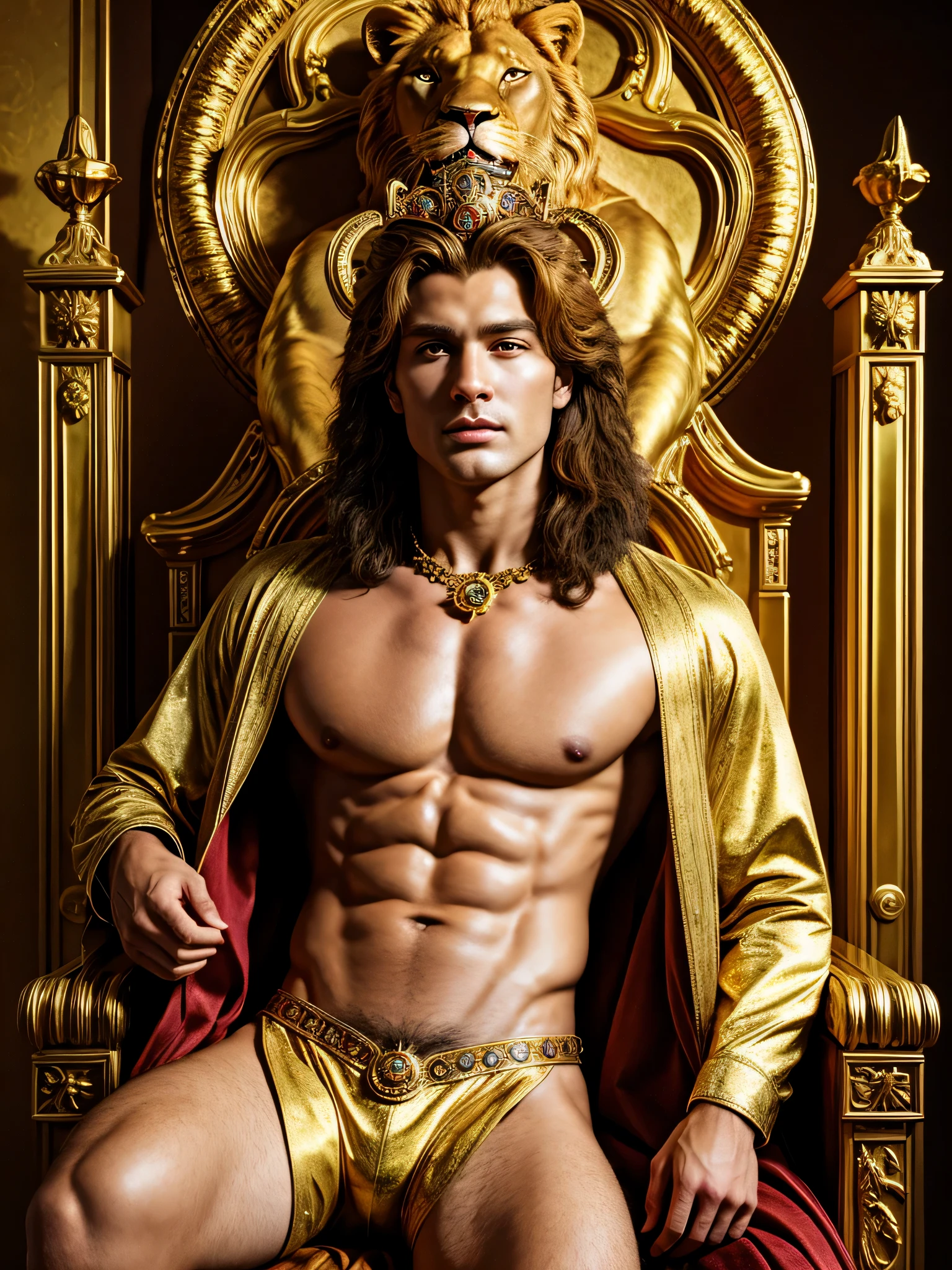 (photorealistic, masterpiece, detailed face, best quality, highres, 4k), Fantasy art style, imagine the astrological sign of Leo the majestic lion embodied by a regal male model radiating confidence and power. He stands atop a grand throne, with resplendent golden hair and adorned in sexy and skimpy royal attire, exuding the essence of leadership and charisma.