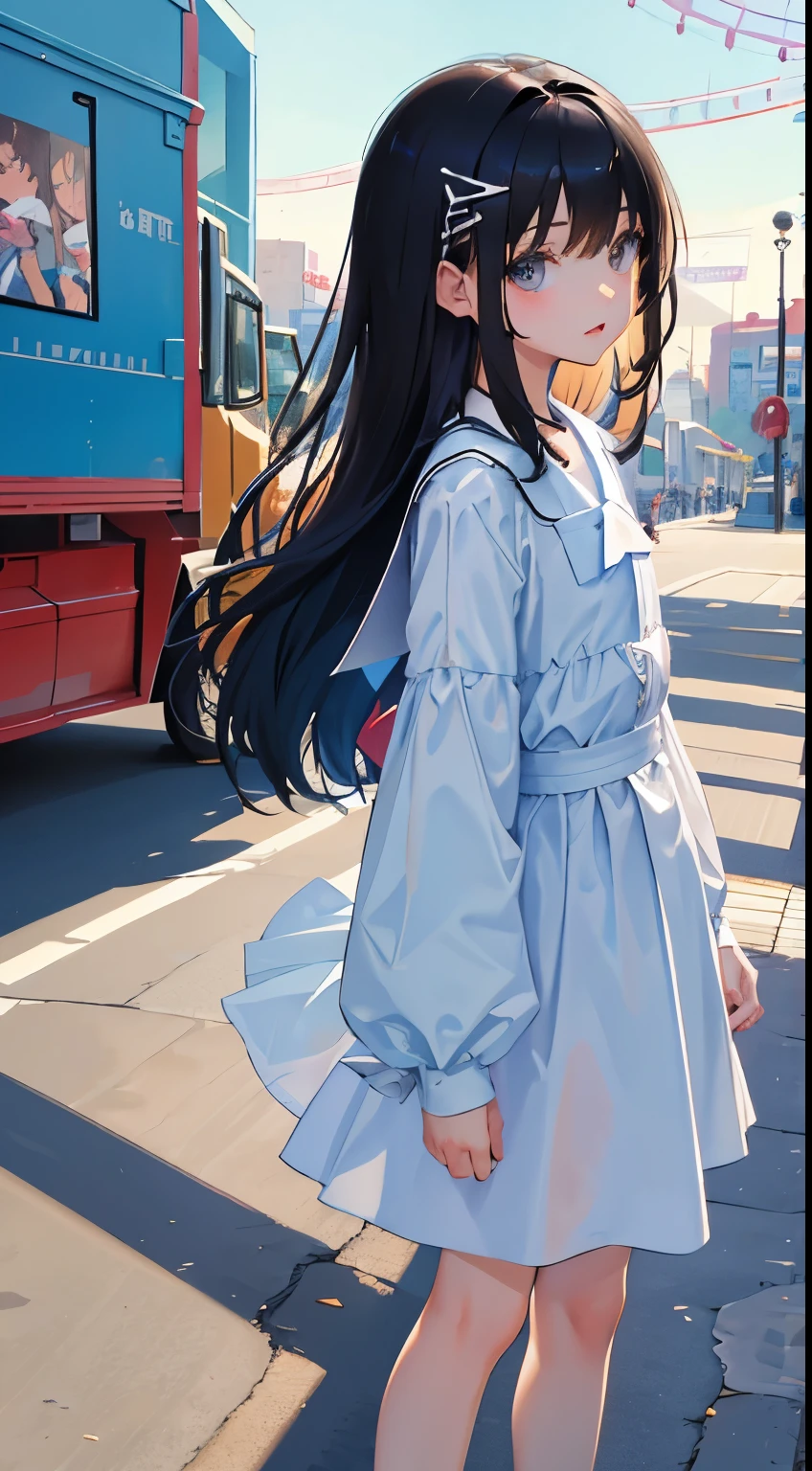 (short cute girl,small young student,young delicate girl),(masterpiece,Top quality),Pastel clothes,long black hair, amusement park