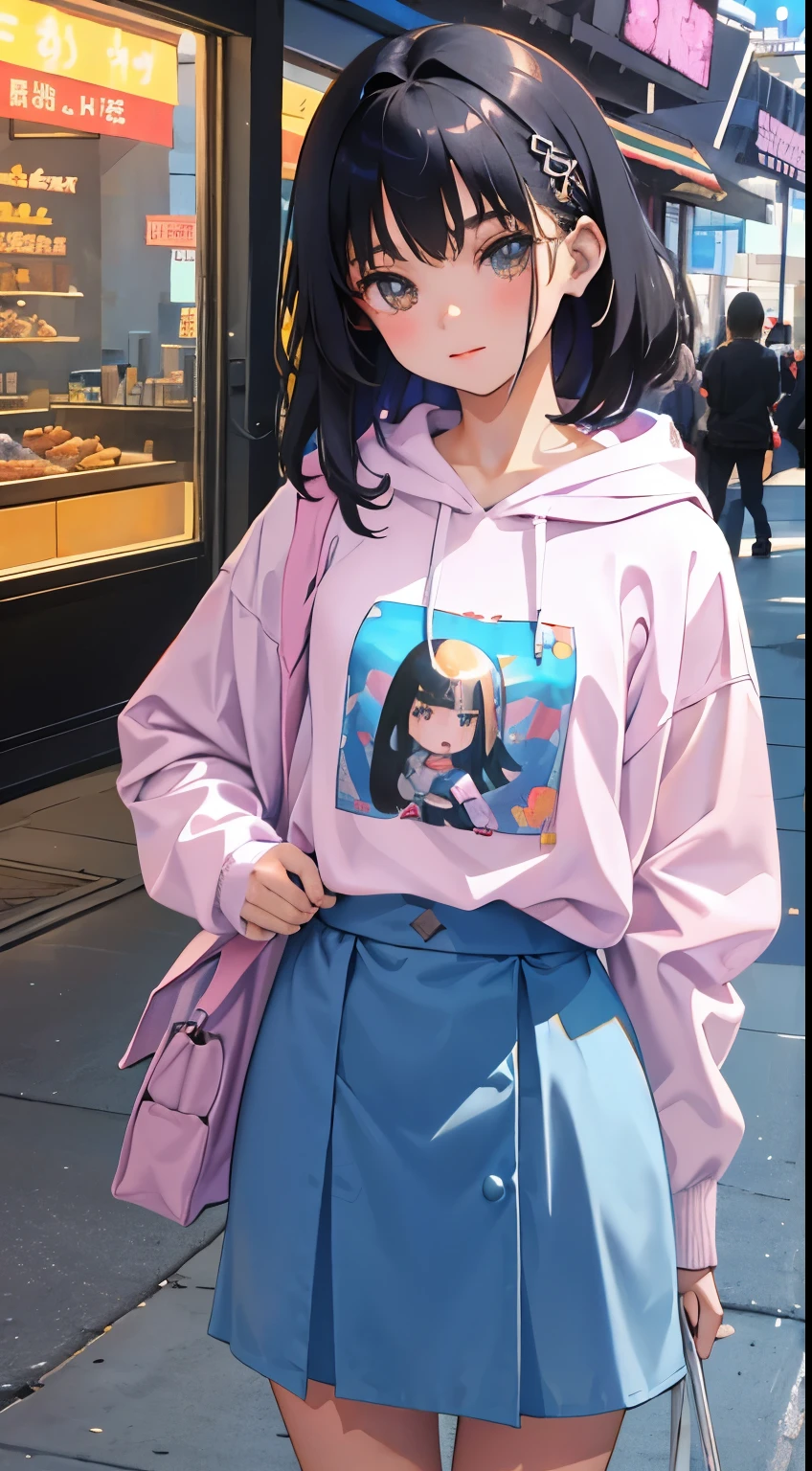(short cute girl,small young student,young delicate girl),(masterpiece,Top quality),Pastel hoodies,long black hair, amusement park