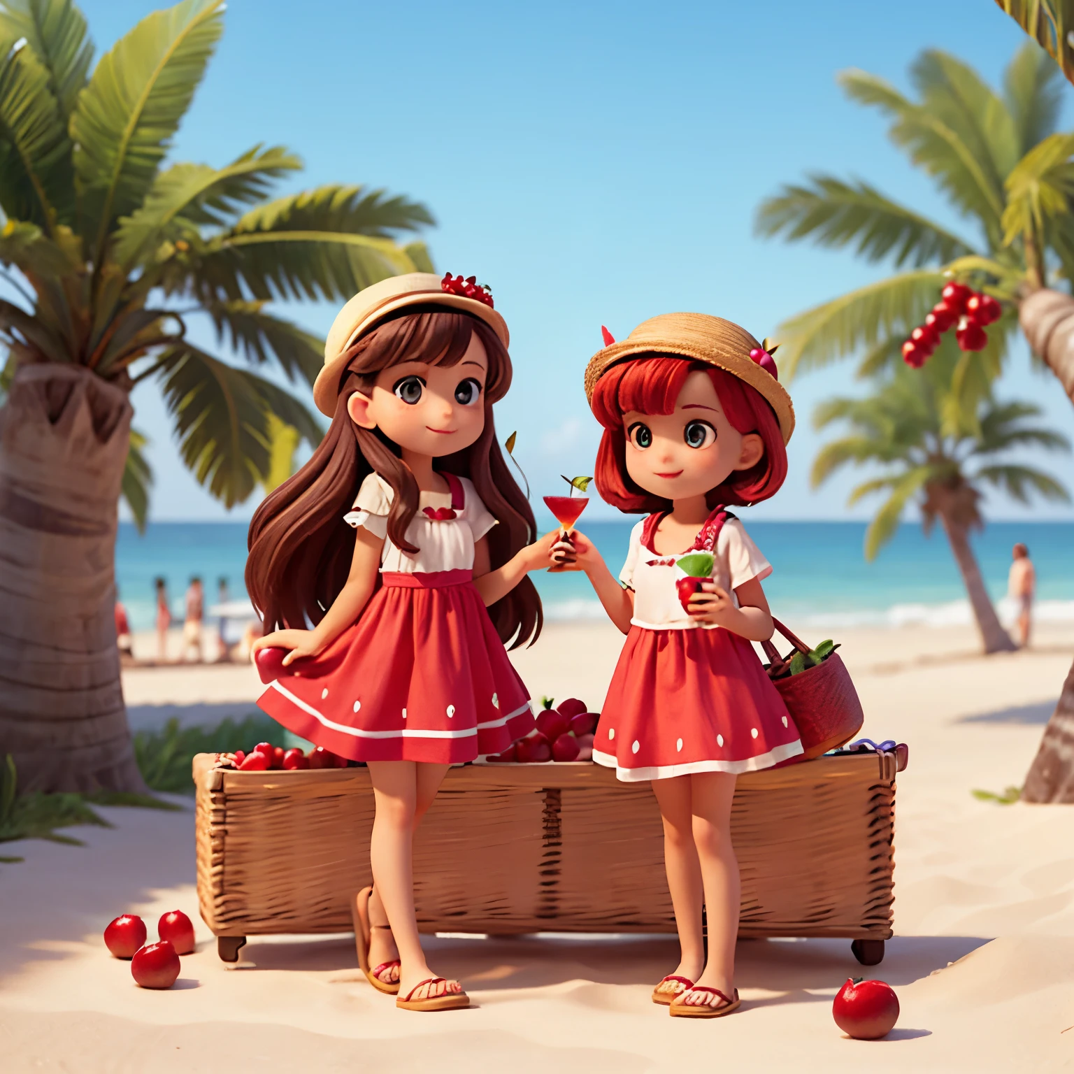Two cute catoonised pomegranate fruits on a trip to the beach, having a cocktail in their hands