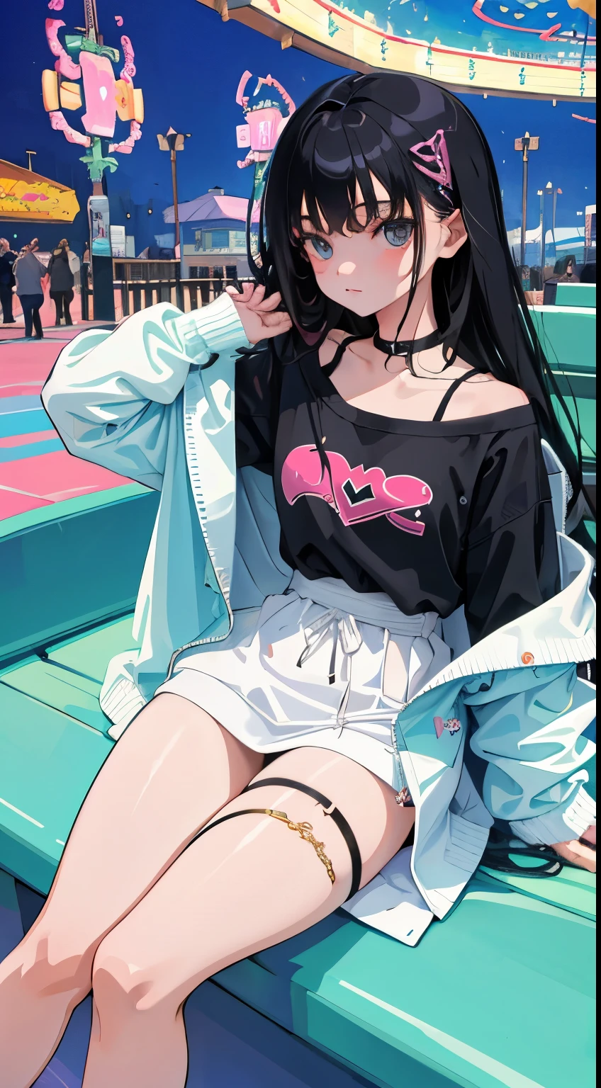 (short cute girl，small young student，young delicate girl）,（masterpiece，Top quality)，Pastel hoodies，long black hair, amusement park