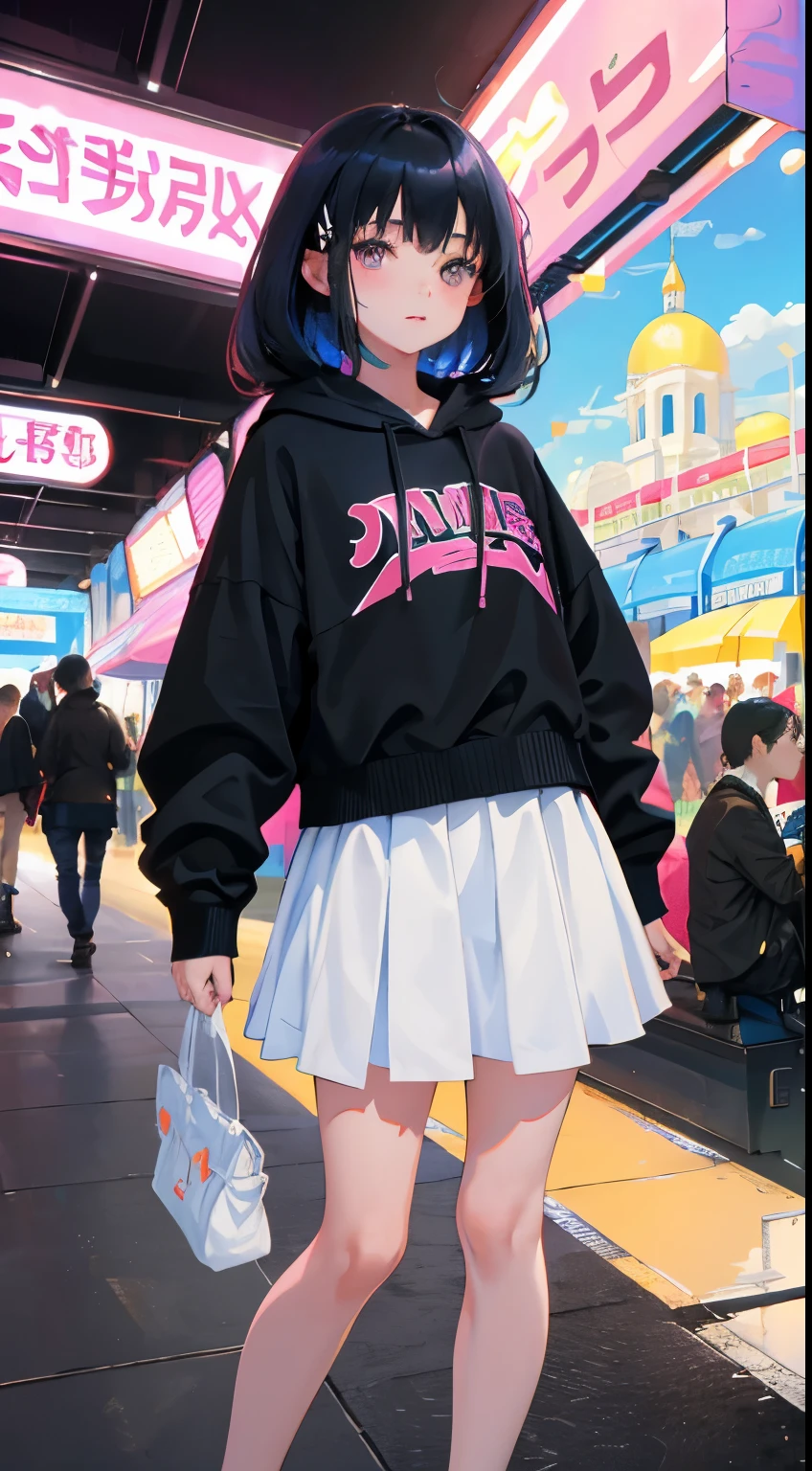 (short cute girl， young studeg delicate girl）,（masterpiece，Top quality)，Pastel hoodies，long black hair, amusement park