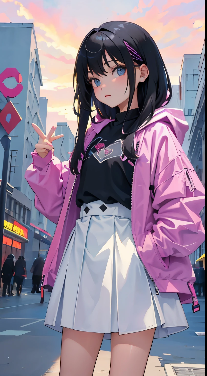 Anime girl in a pink jacket and white skirt standing on a city street ...