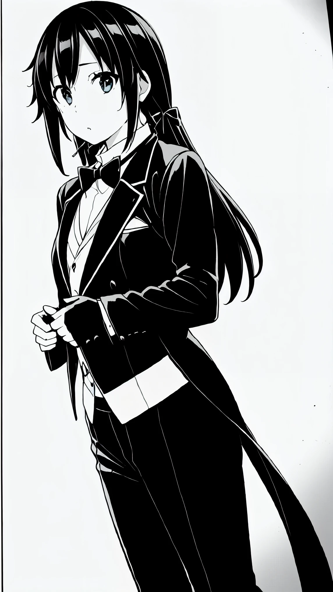 (masterpiece, best quality:1.2), 1girl, solo , yukinoshita yukino,b,classic black tuxedo,crisp tailored suit,sharp edges,perfectly fitted attire,sleek satin lapels,elegant bow tie,swagger,luxurious fabric