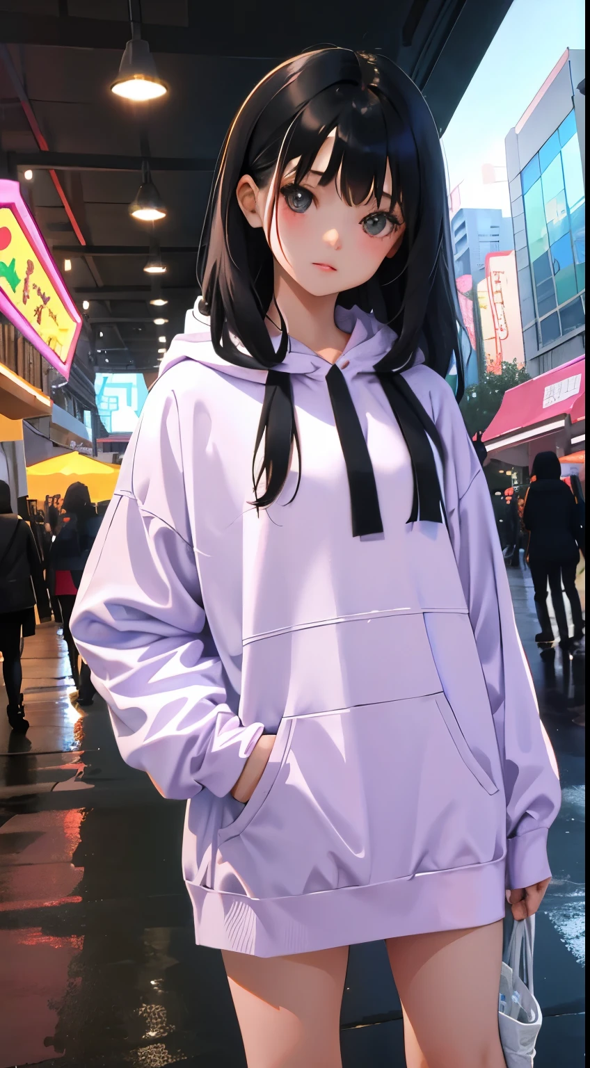 (short cute girl,small young student,young delicate girl),(masterpiece,Top quality),Pastel hoodies,long black hair, amusement park