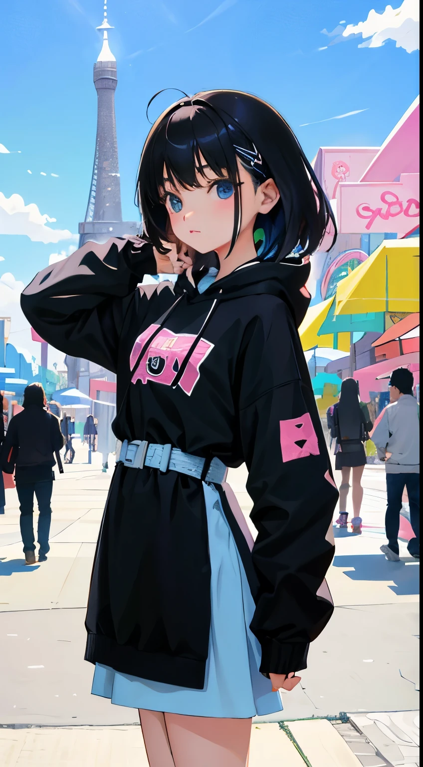 (short cute girl，small young student，young delicate girl）,（masterpiece，Top quality)，Pastel hoodies，long black hair, amusement park